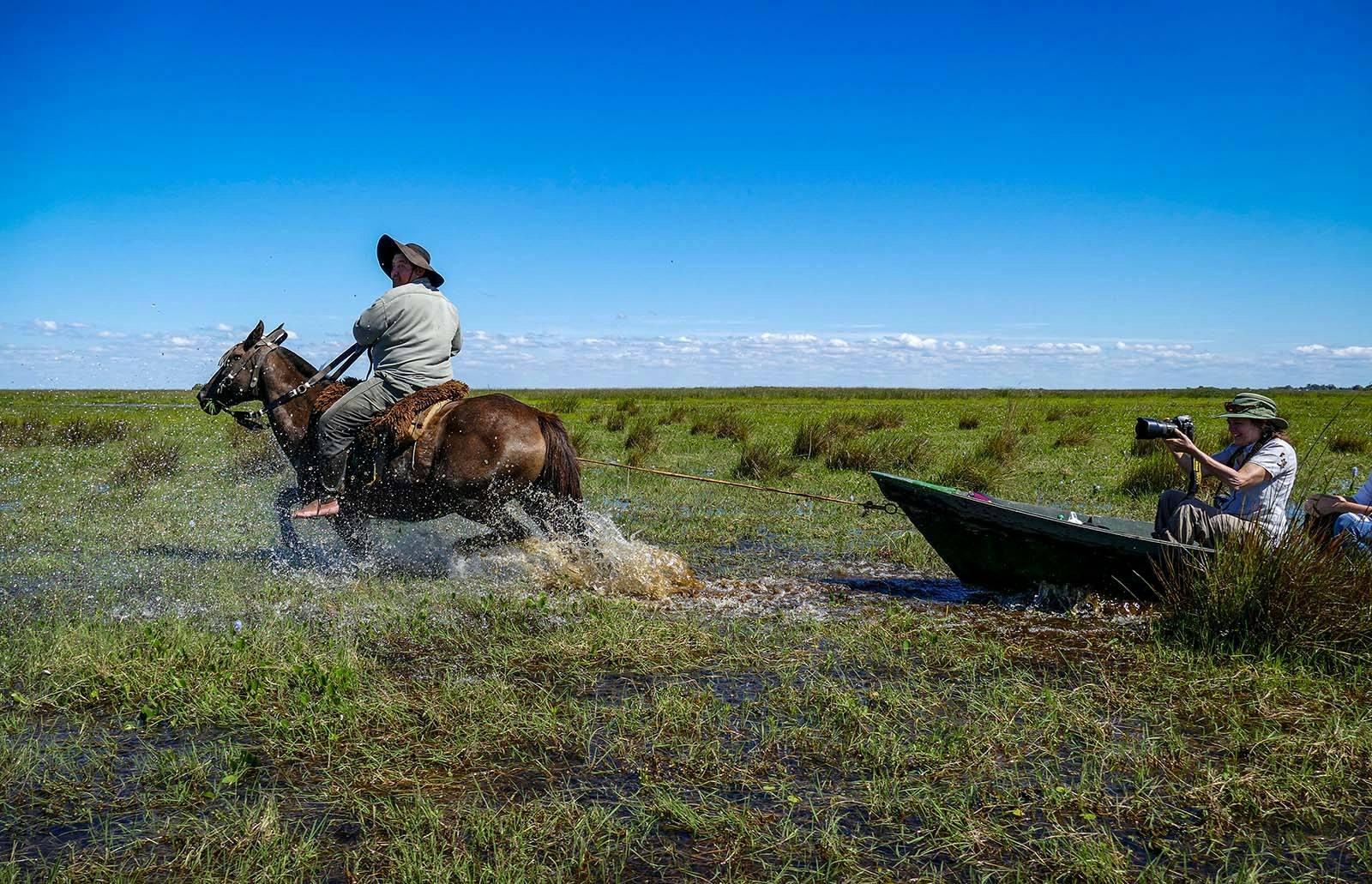 A man on horseback pulls a canoe through the Iberá wetlands. Northeast Argentina.