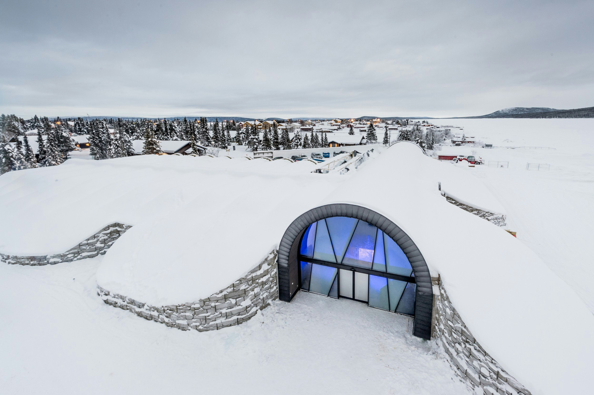 The exterior of Icehotel in Swedish Lapland in the snow