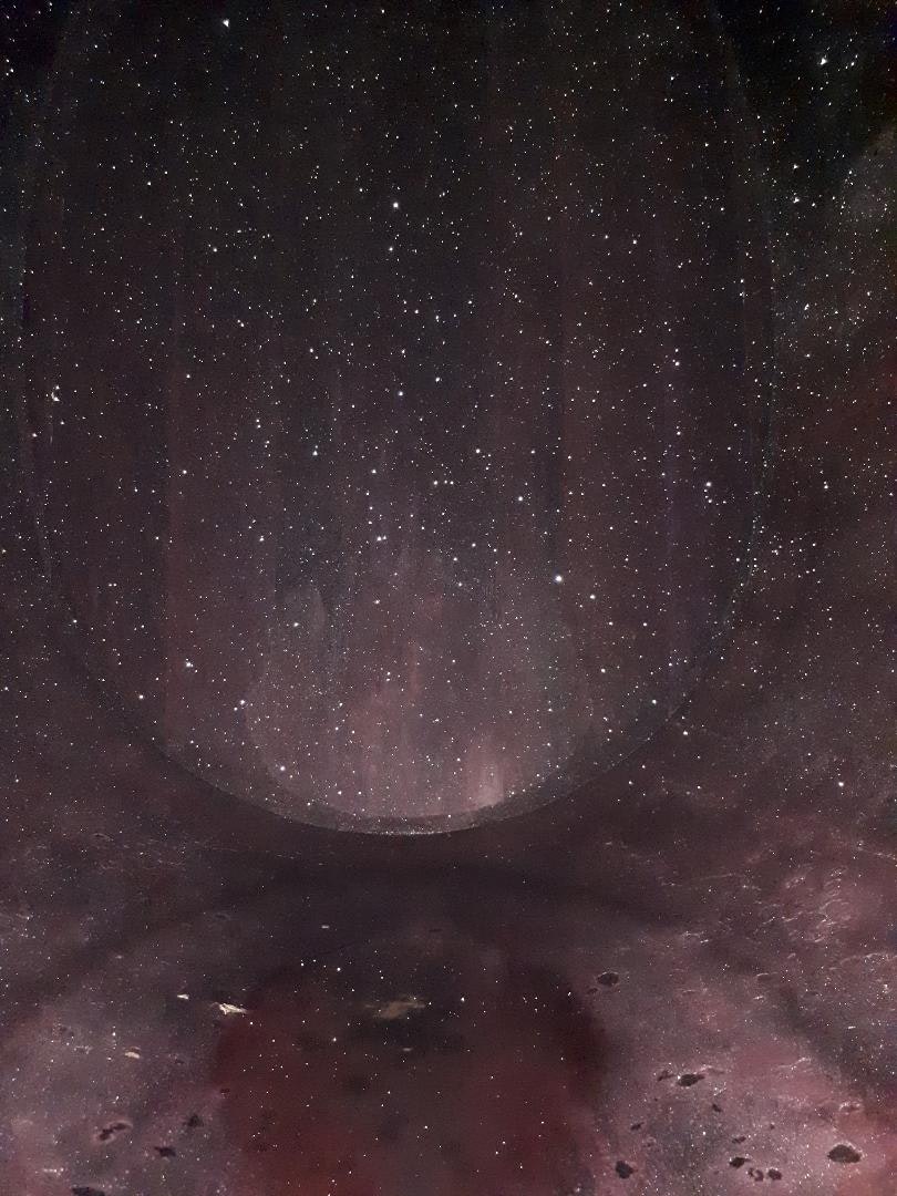 The inside of a wine barrel, as taken by German Wine Princess Inga Storck. The image is quite abstract, and looks almost like a shot of the Milky Way or a water color, with varying shades of deep reds, browns, purples, and blacks, splattered with white spots caused by crystals inside the barrel reflecting the flash back at the camera. 