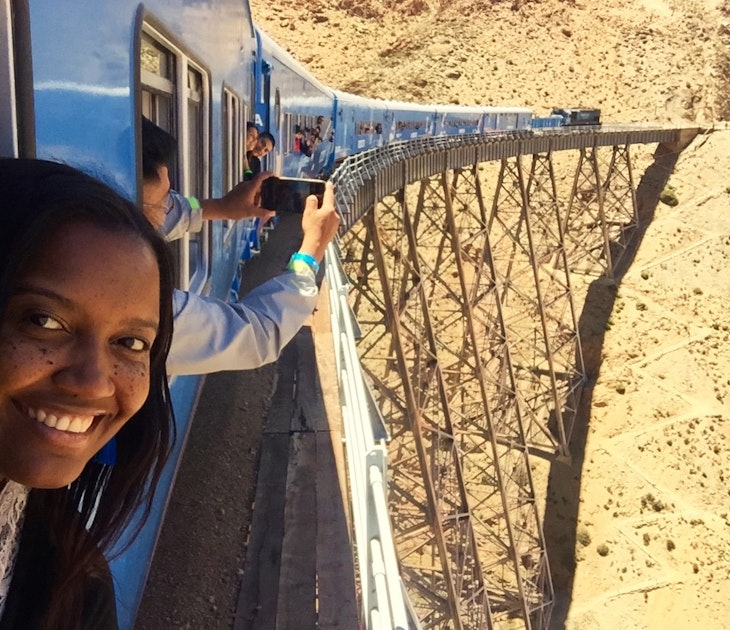 A woman with her head out of a train window smiles at the camera. In the background a number of people are also sticking their heads out of the train's windows to take selfies