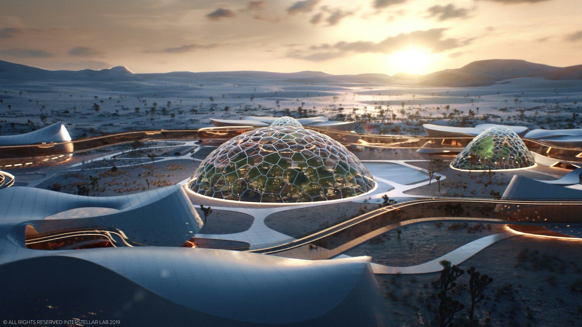 A rendering of Interstellar Lab's EBIOS project - biodomes with the sun on the horizon in the distance