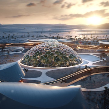 A rendering of Interstellar Lab's EBIOS project - biodomes with the sun on the horizon in the distance