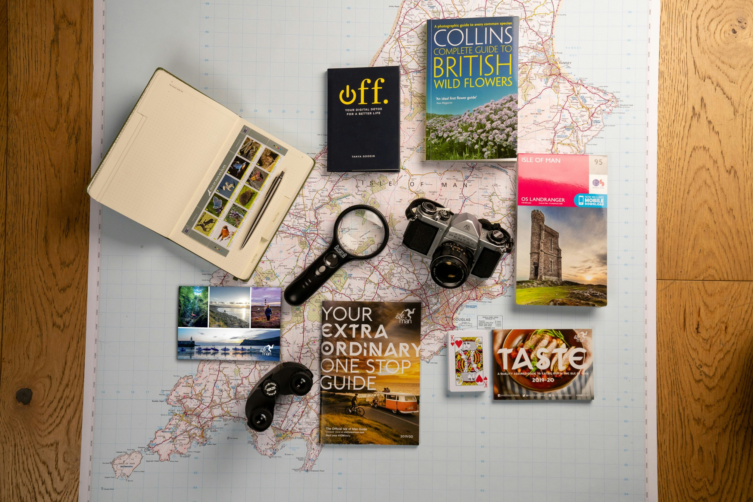 A map of the Isle of man, a camera and books