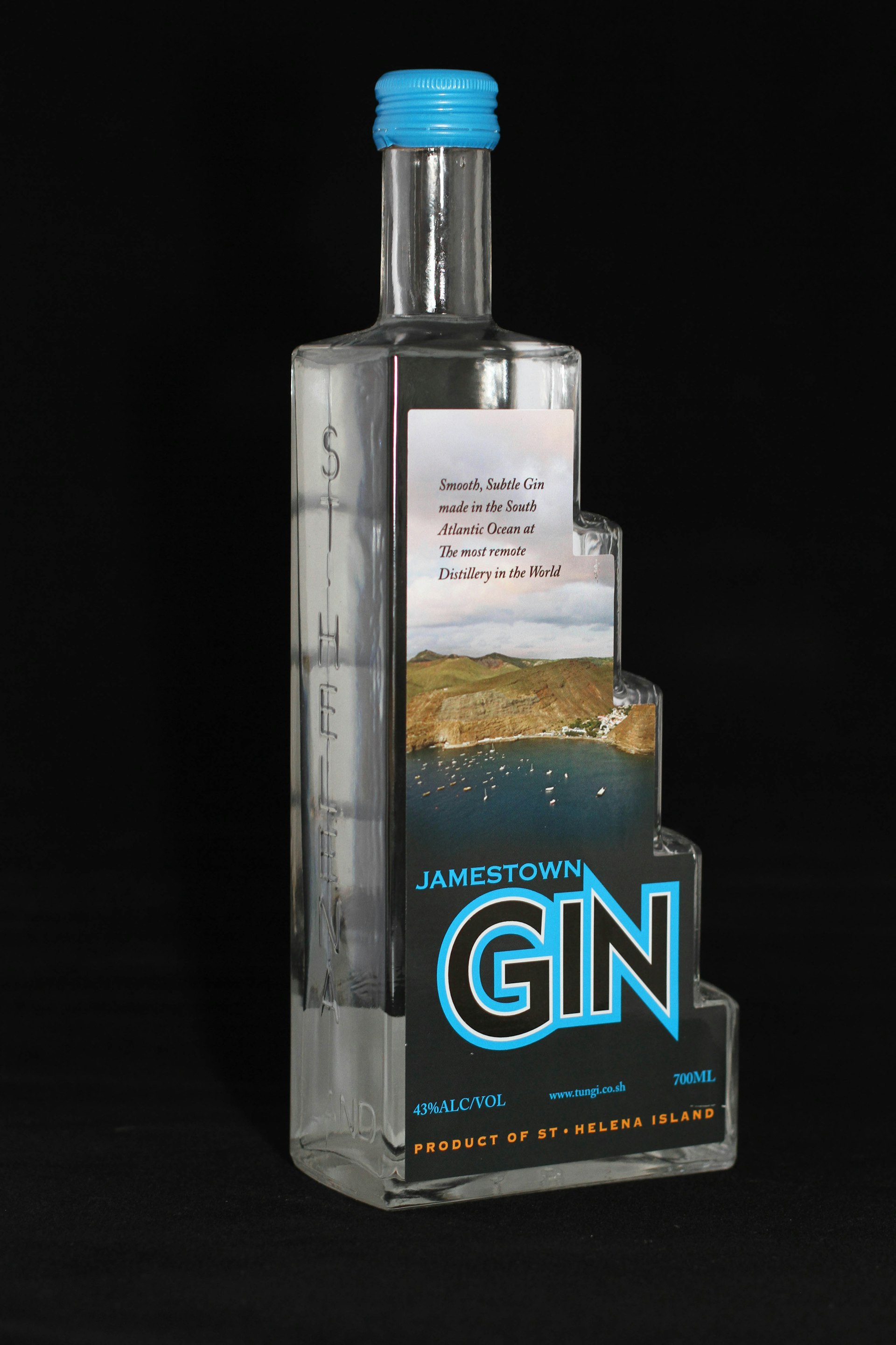 A promotional shot of the step-shaped bottle of Jamestown Gin.