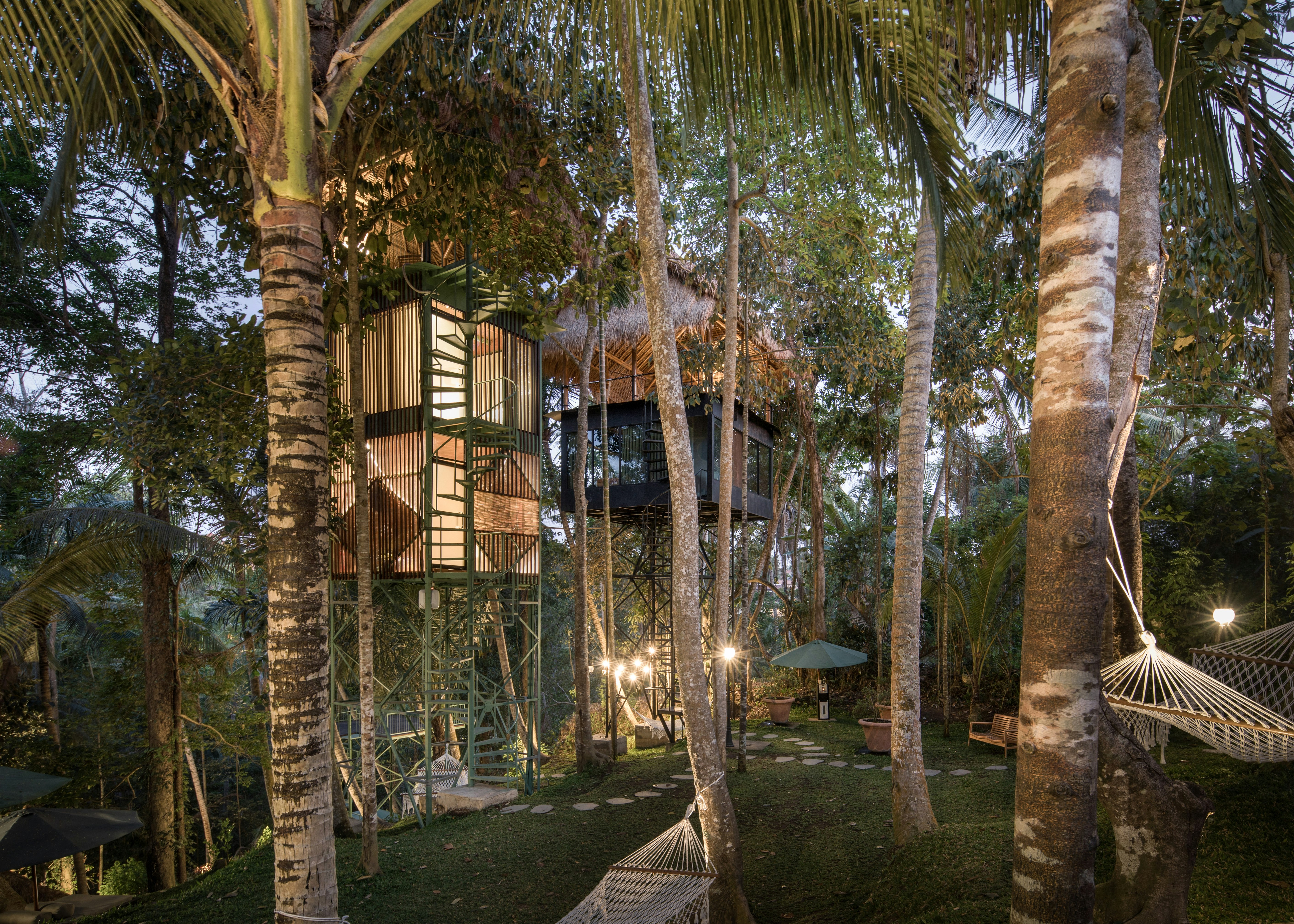 Exterior shot of a jungle treetop lodge in Balo