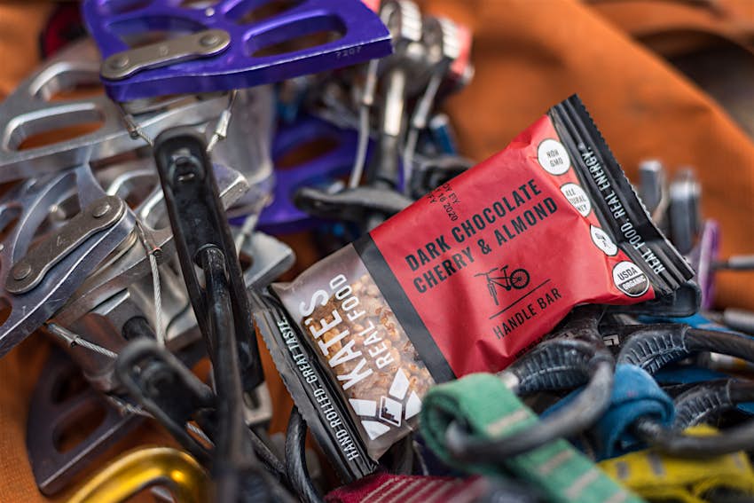 Kate's Real Food energy bar.jpg An energy bar from Kate's Real Food on top of a pile of gear