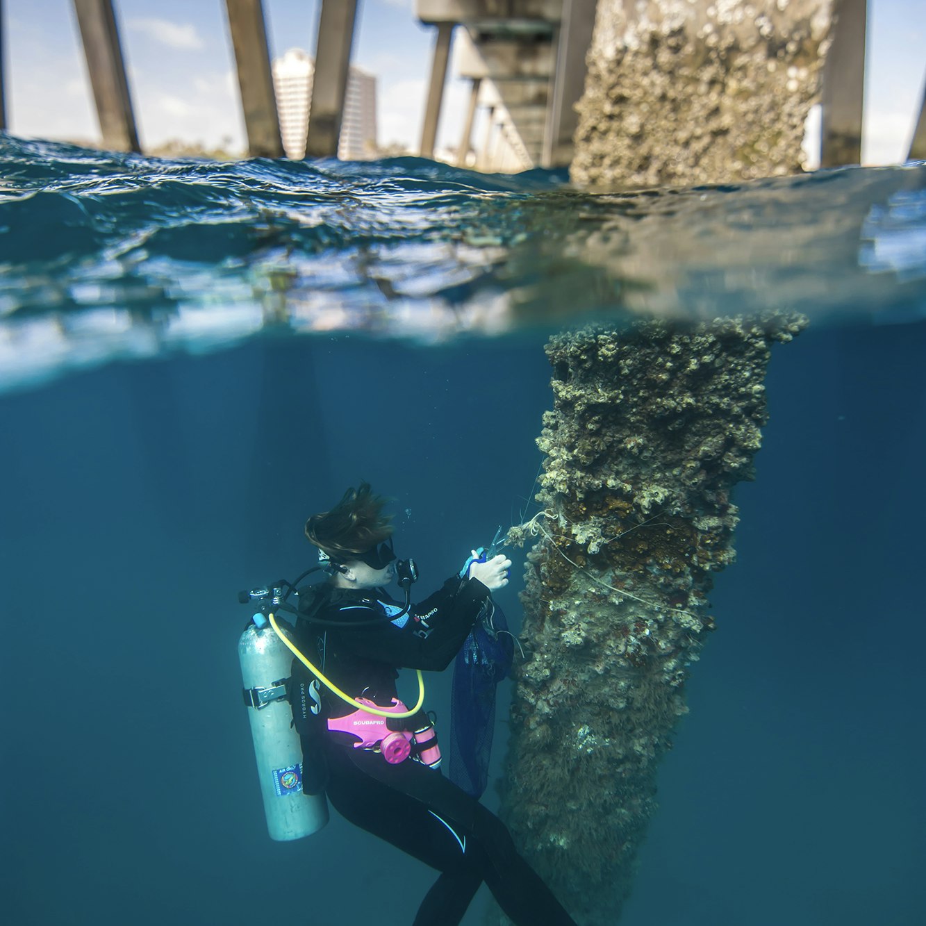 Katie O'Hara cleans the underwater pier 