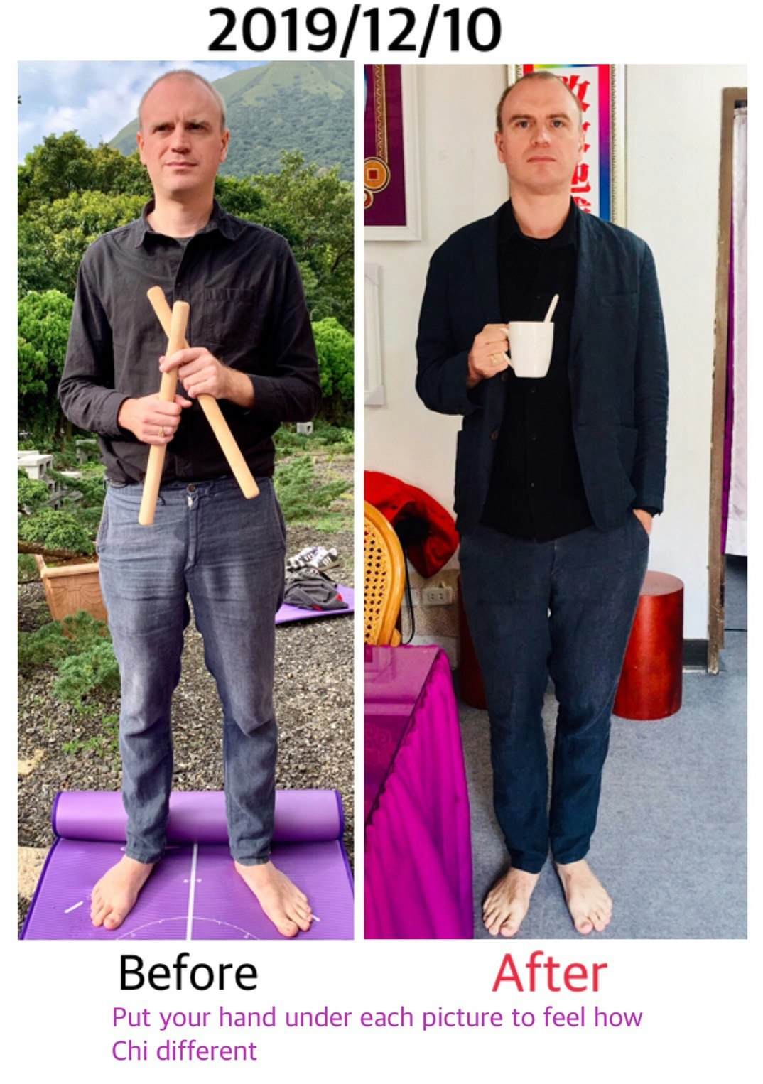 A collage of two images of the author from before and after the massage. Though he's standing against different backgrounds, he looks the same in both.