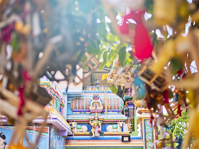 A view of a colourful kovil, located in Trincomalee, northern Sri Lanka. The temple is painted in a number of colourful patterns and includes sculptures of figures from Hindu scripture.