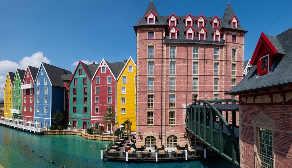 A Nordic-themed hotel made up of colourful interconnected buildings