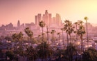 A line of palm trees sit at the foreground of a photo of the LA skyline during dusk; LA vs. South Bend