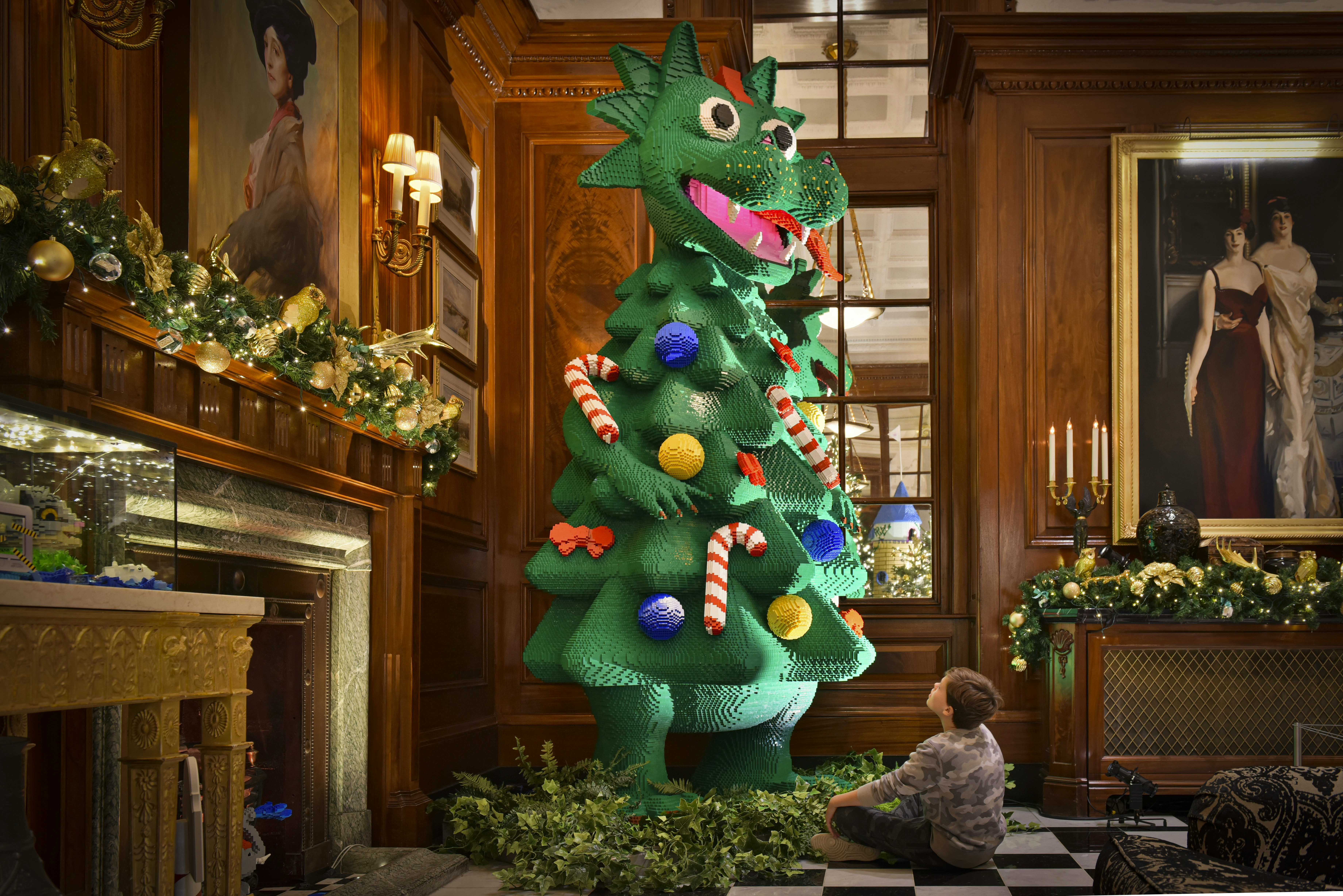 gigantic LEGO dragon Christmas tree at The Savoy London