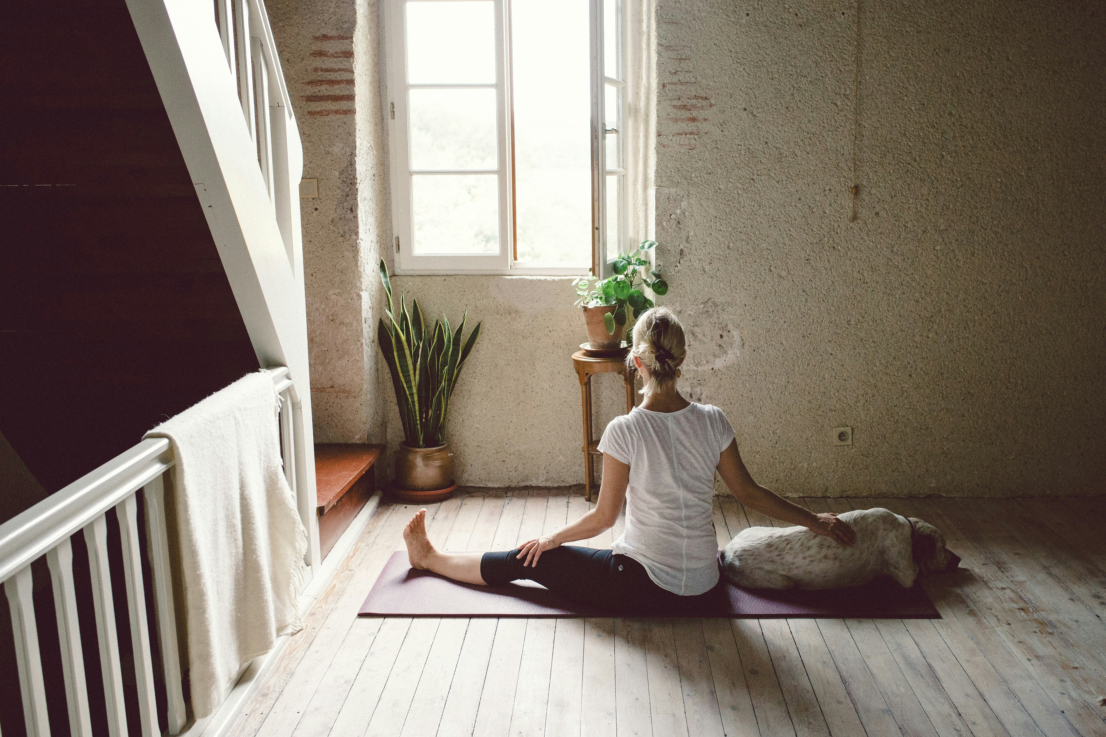 A woman is sitting with a dog on a yoga mat, in a sparsely furnished, white-painted room. Light is streaming through an open window and she is looking towards it, with her back to the camera.