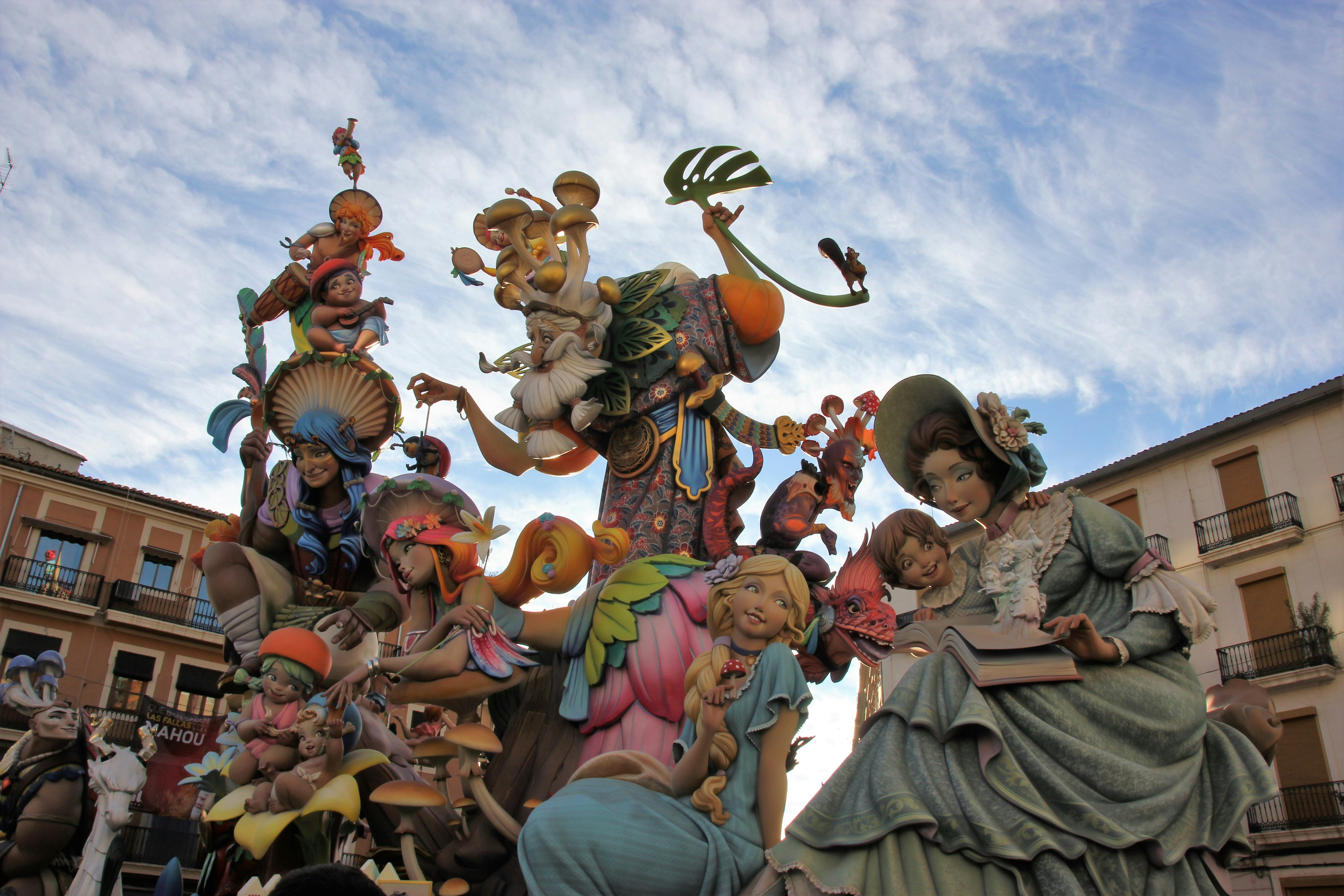 An elaborate sculpture created for Las Fallas; several colourful figures are gathered in a storybook scene, and the individual figures are perhaps characters from the story.