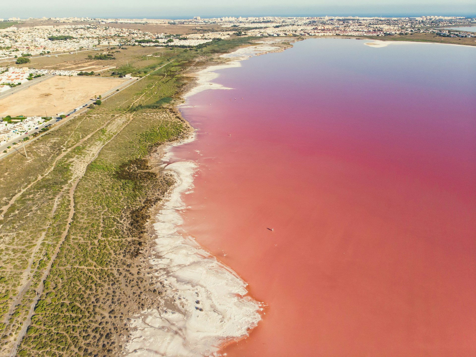 The shores of La Salinas de Torrevieja, a pink salt lagoon in Spain, glow against the green and beige coast