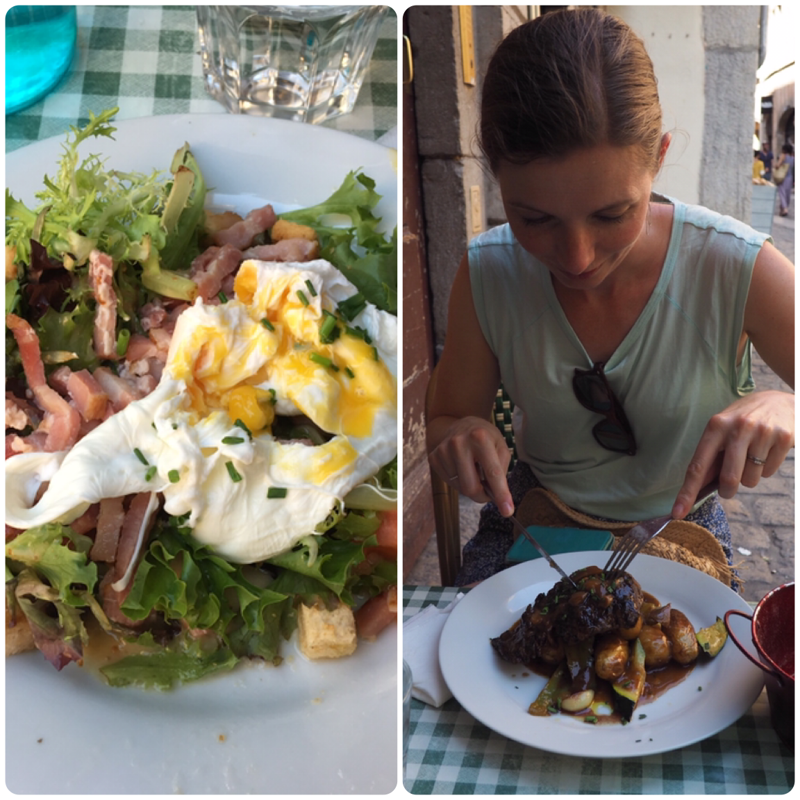 Two images together as a collage. On the left is a salad with lettuce, tomatoes, bacon and croutons. On the right is an image of a woman using a knife and fork on a steak
