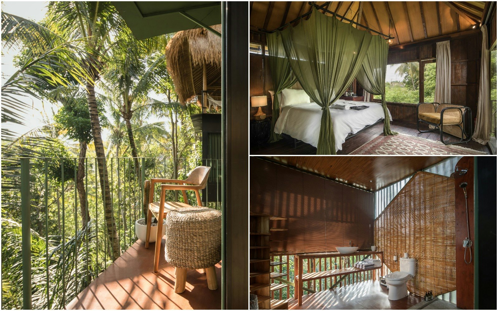 A collage of images from the interior of a treetop lodge in Bali