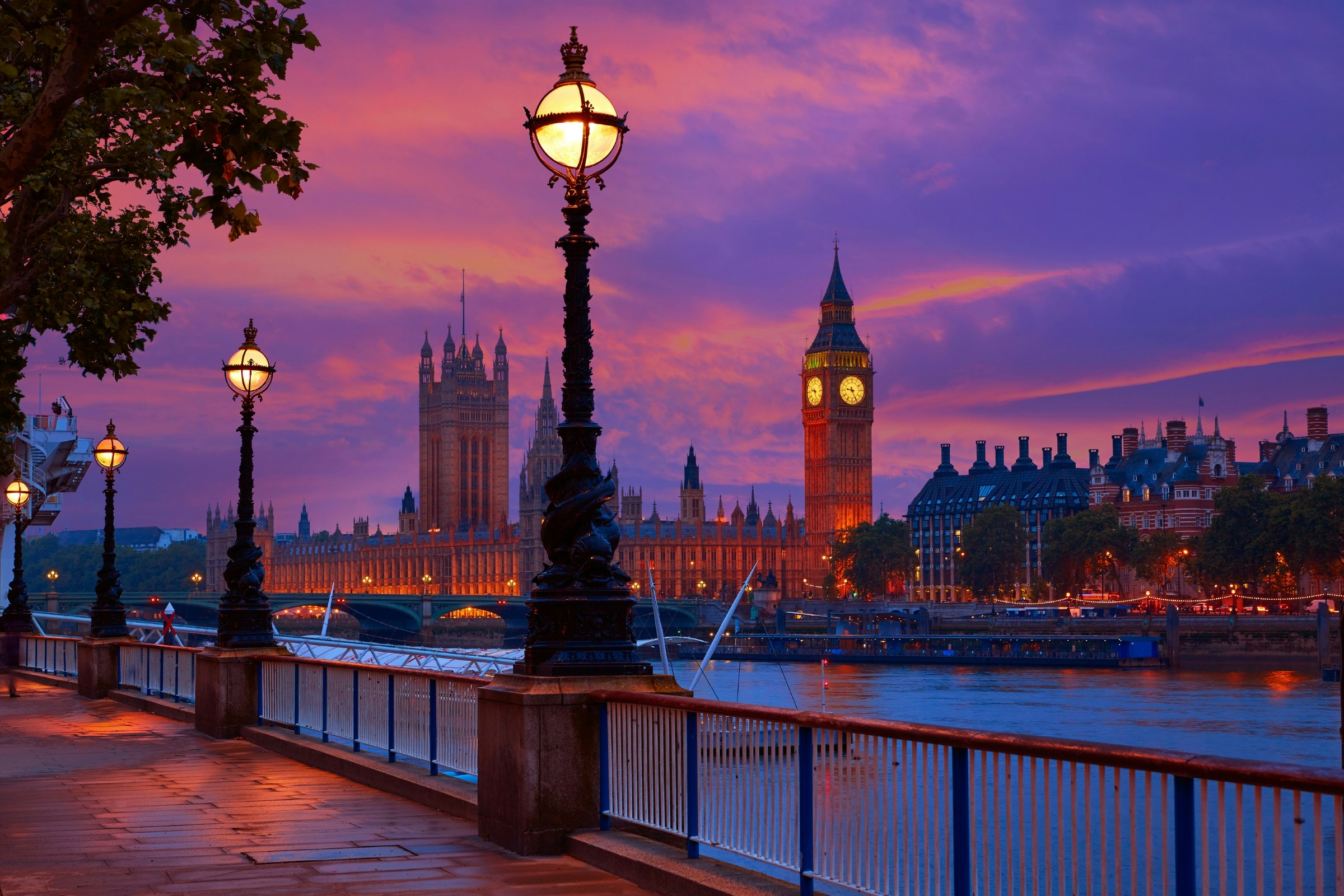 Sunset over London with Big Ben and the river Thames