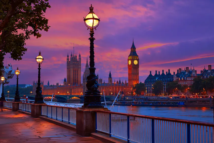 A view of Big Ben and the Houses of Parliament in London from across the River Thames.