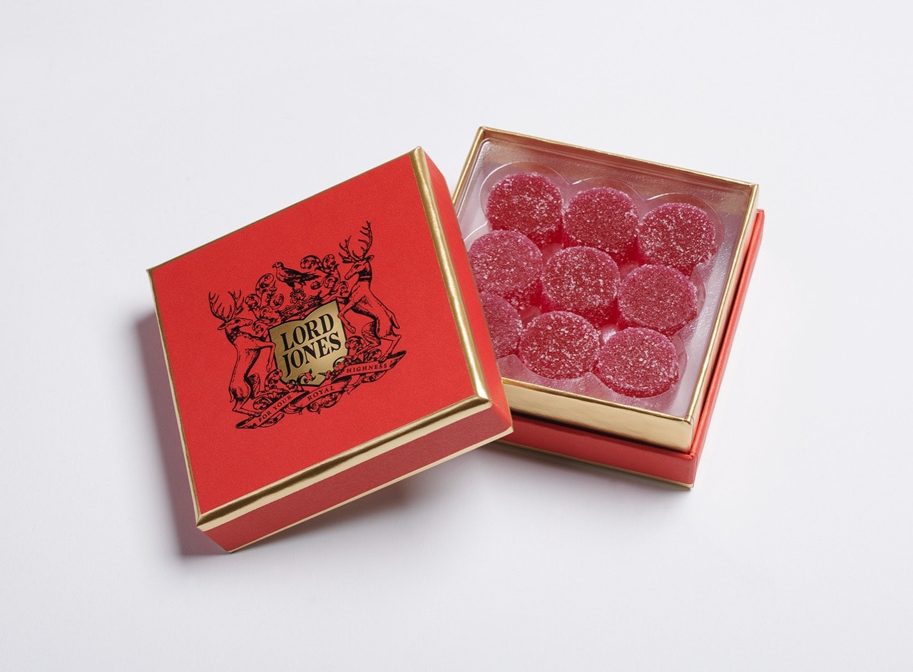 An open box of Lord Jones limited-edition sugarplum-flavored CBD gummies