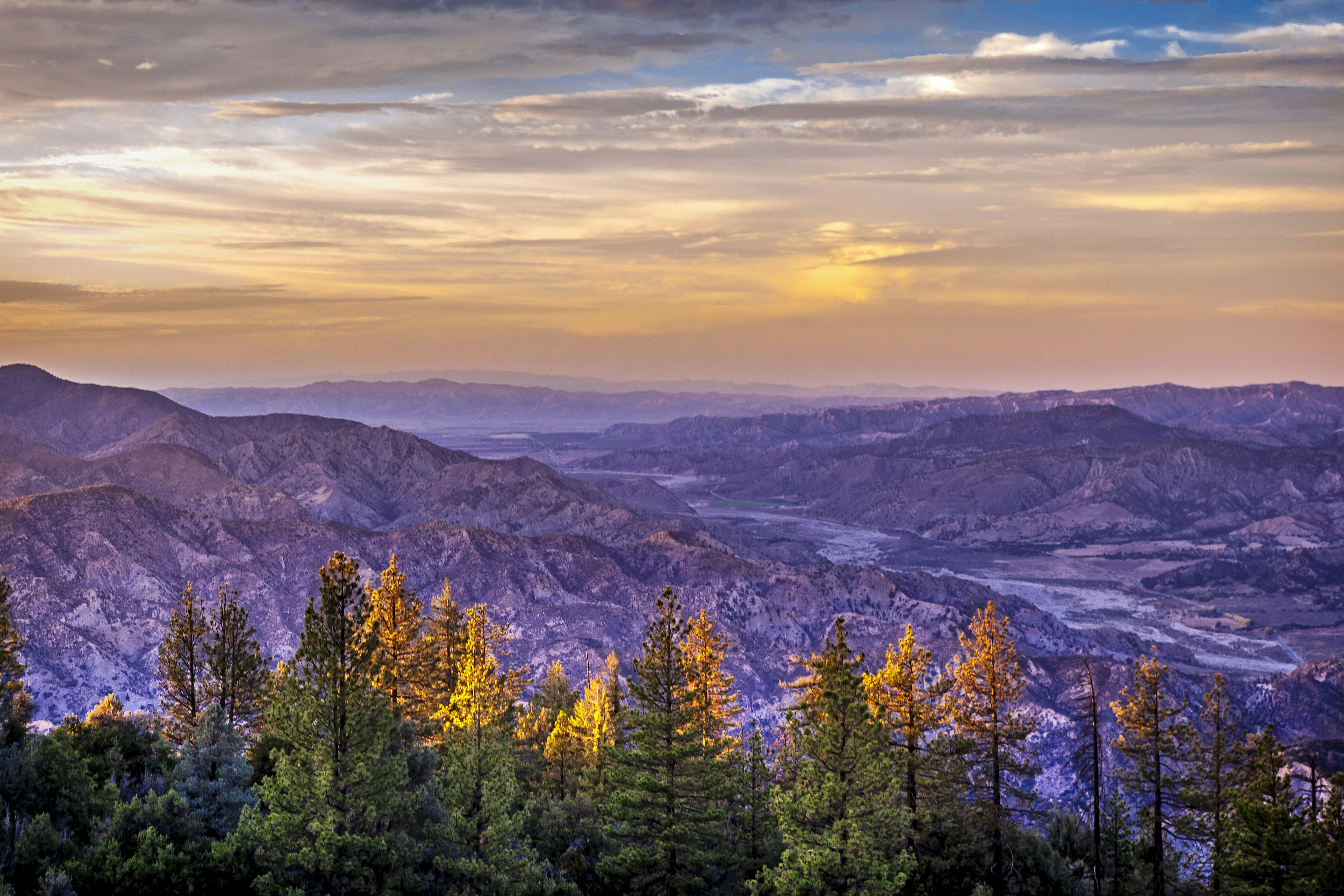 The last rays of sun hit the ridgeline in Los Padres National Forest, high above Lockwood Valley in Ventura County, California 