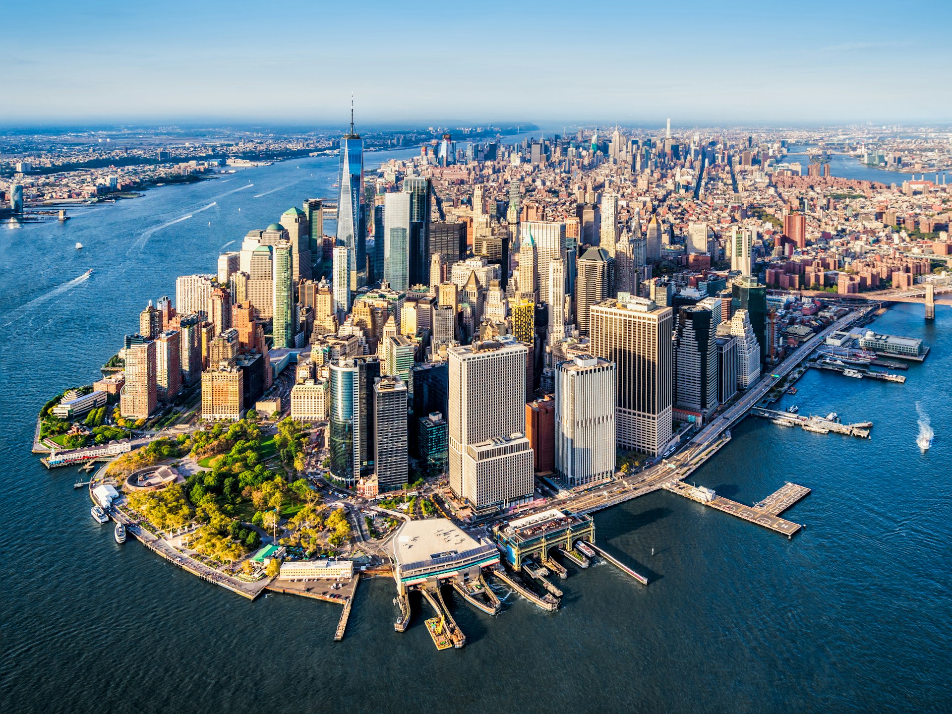 Aerial of Lower Manhattan during the late afternoon