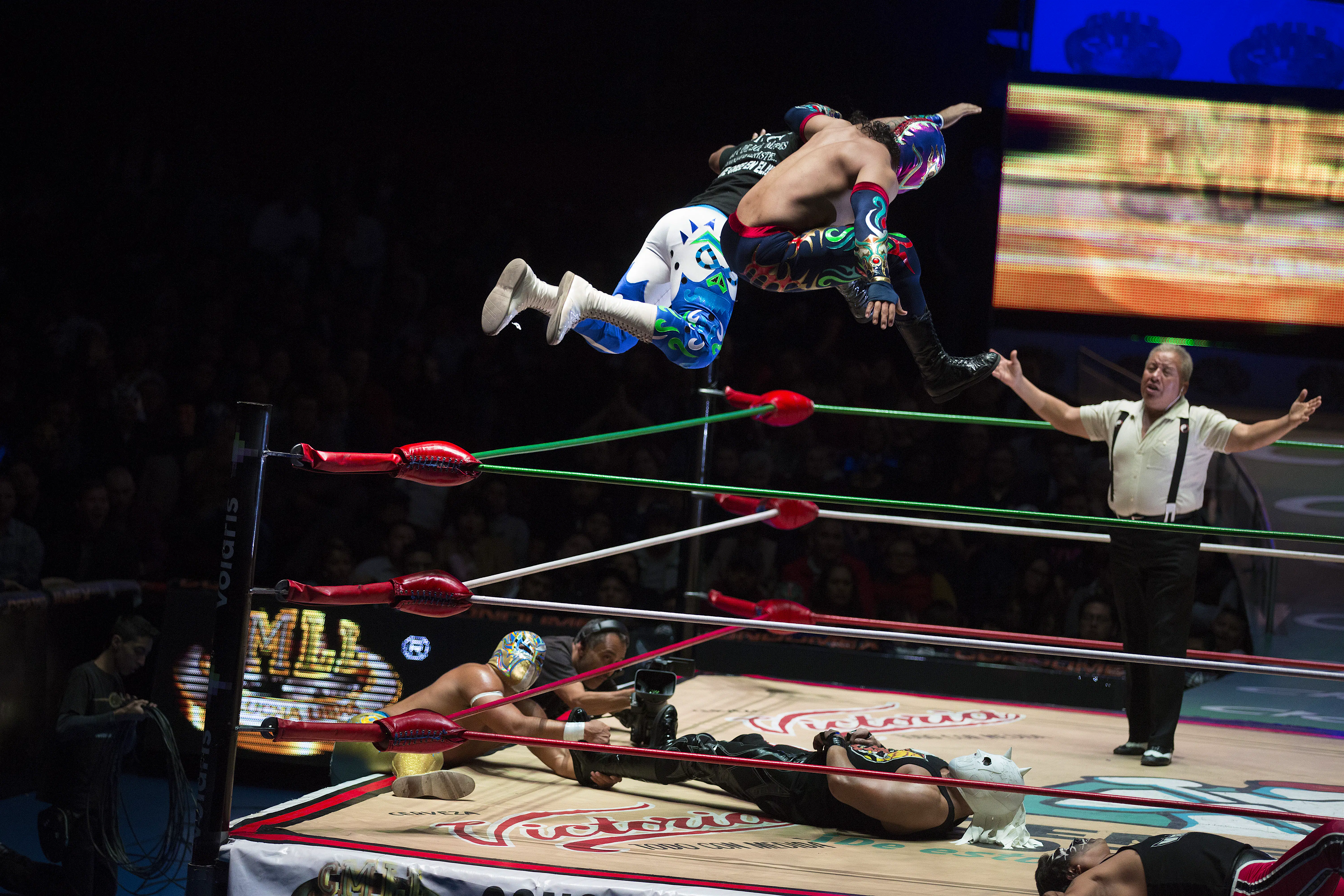 LuchaLibre.jpg Two wrestlers go airborne off the top belt of the wrestling ring as another wrestler lays sprawled out on the mat. There's a ref with his arms spread in the background