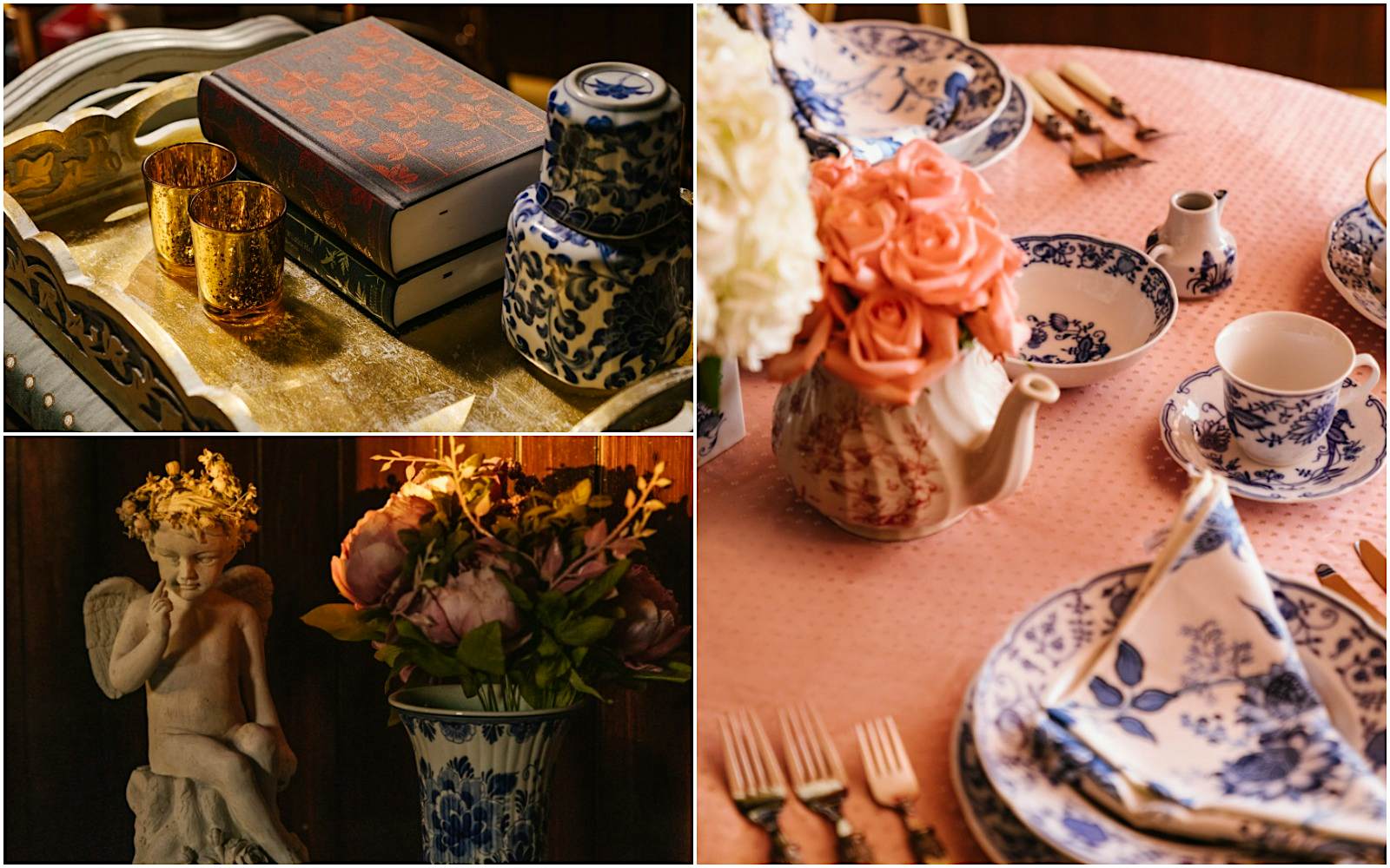 Uma mesa está vestida com toalha de mesa rosa e xícaras de porcelana