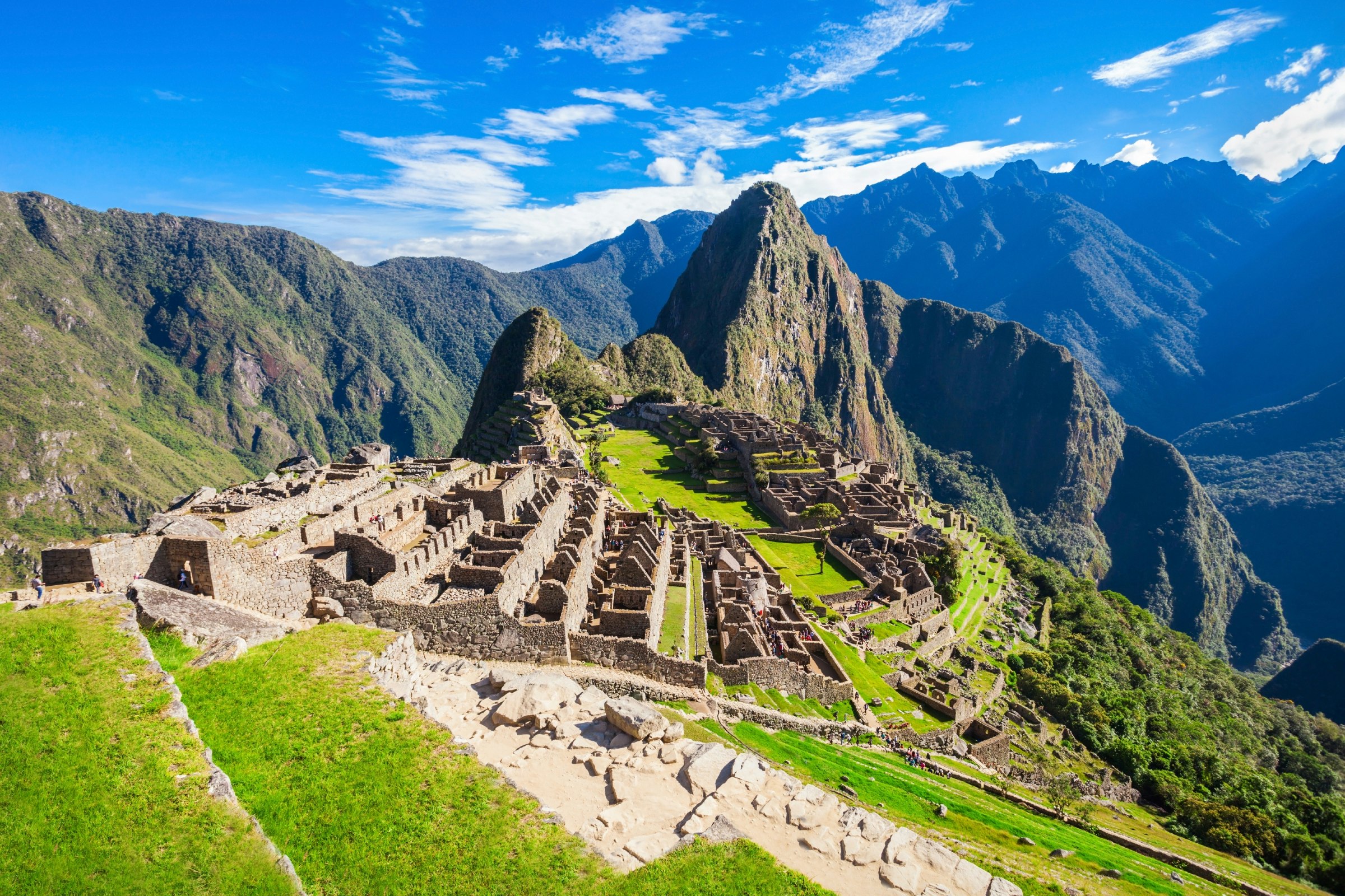 High-angle view of the Lost Incan City of Machu Picchu, in Peru.