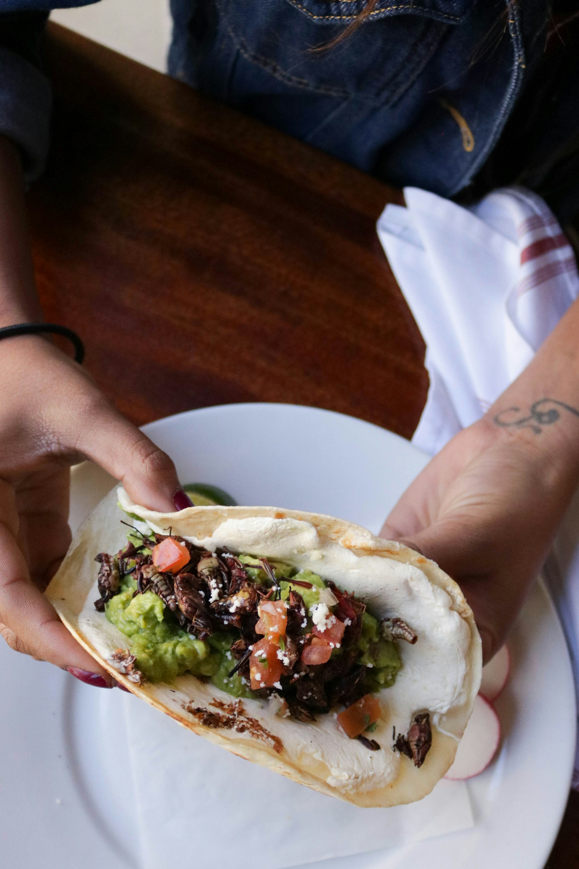 Person holds a soft taco filled with tomatoes, guacamole, cheese and grasshoppers.