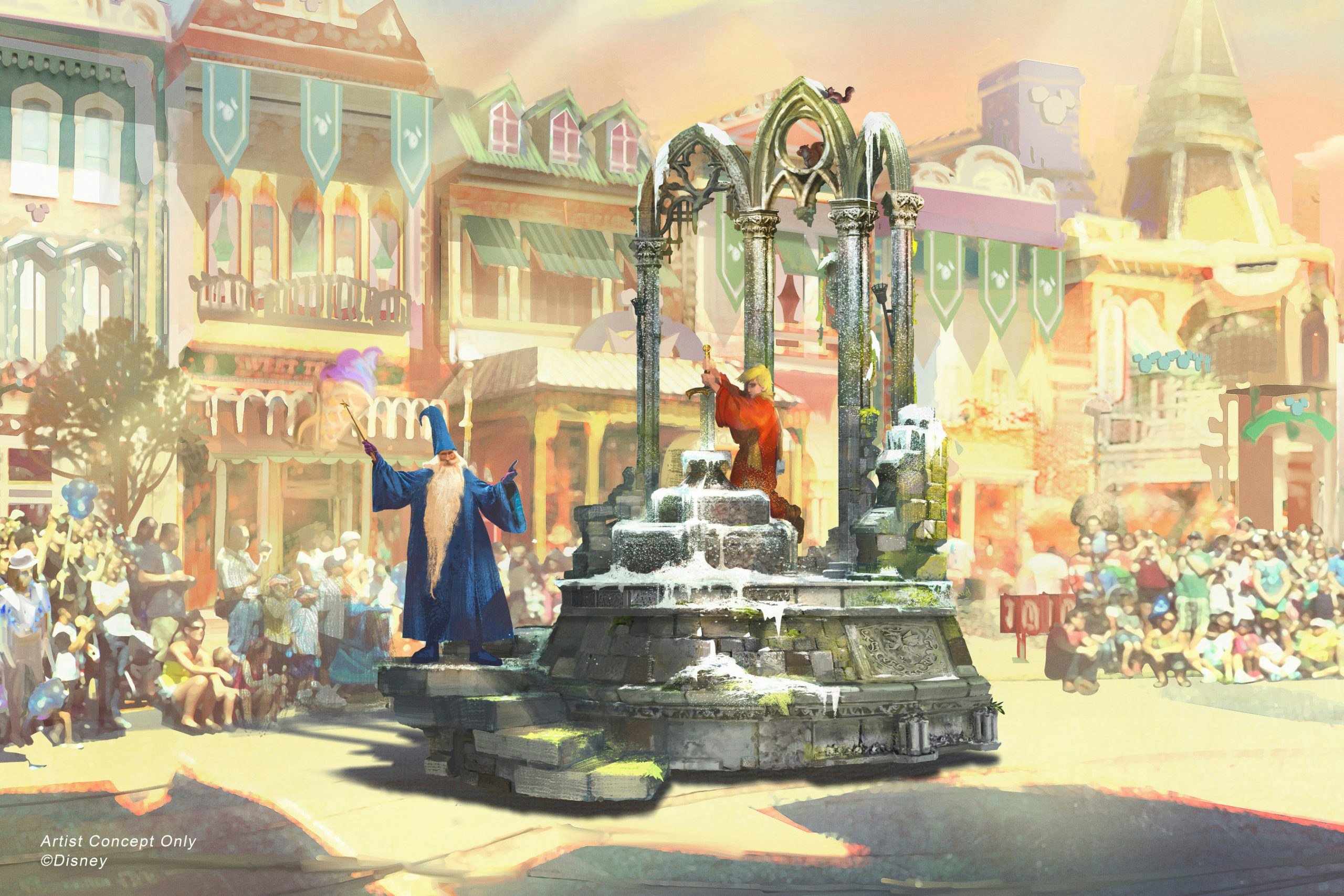 Set to debut Feb. 28, 2020, at Disneyland Park in California, the new “Magic Happens” parade will celebrate the awe-inspiring moments of magic that are at the heart of so many Disney stories. This new daytime spectacular will feature stunning floats, beautiful costumes, and beloved Disney characters. Depicted in this image, Merlin from “The Sword in the Stone” wisely leads the way for young Arthur, who finds the magic within himself as he pulls the sword from the stone, claiming his place upon the throne.  