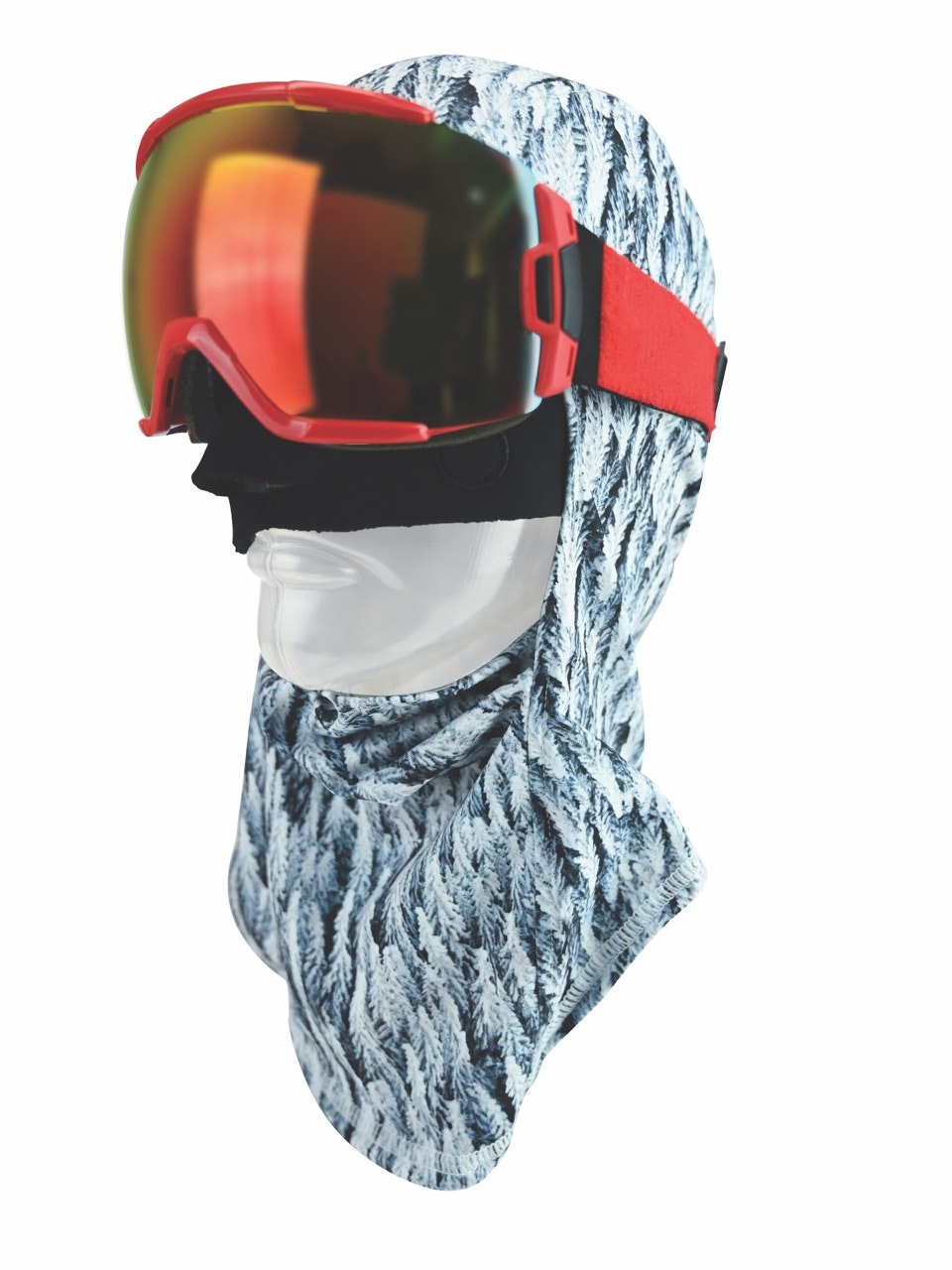 a mannequin bust wearing ski goggles and Seirus's Magnemask Combo Hinged Headliner in spruce