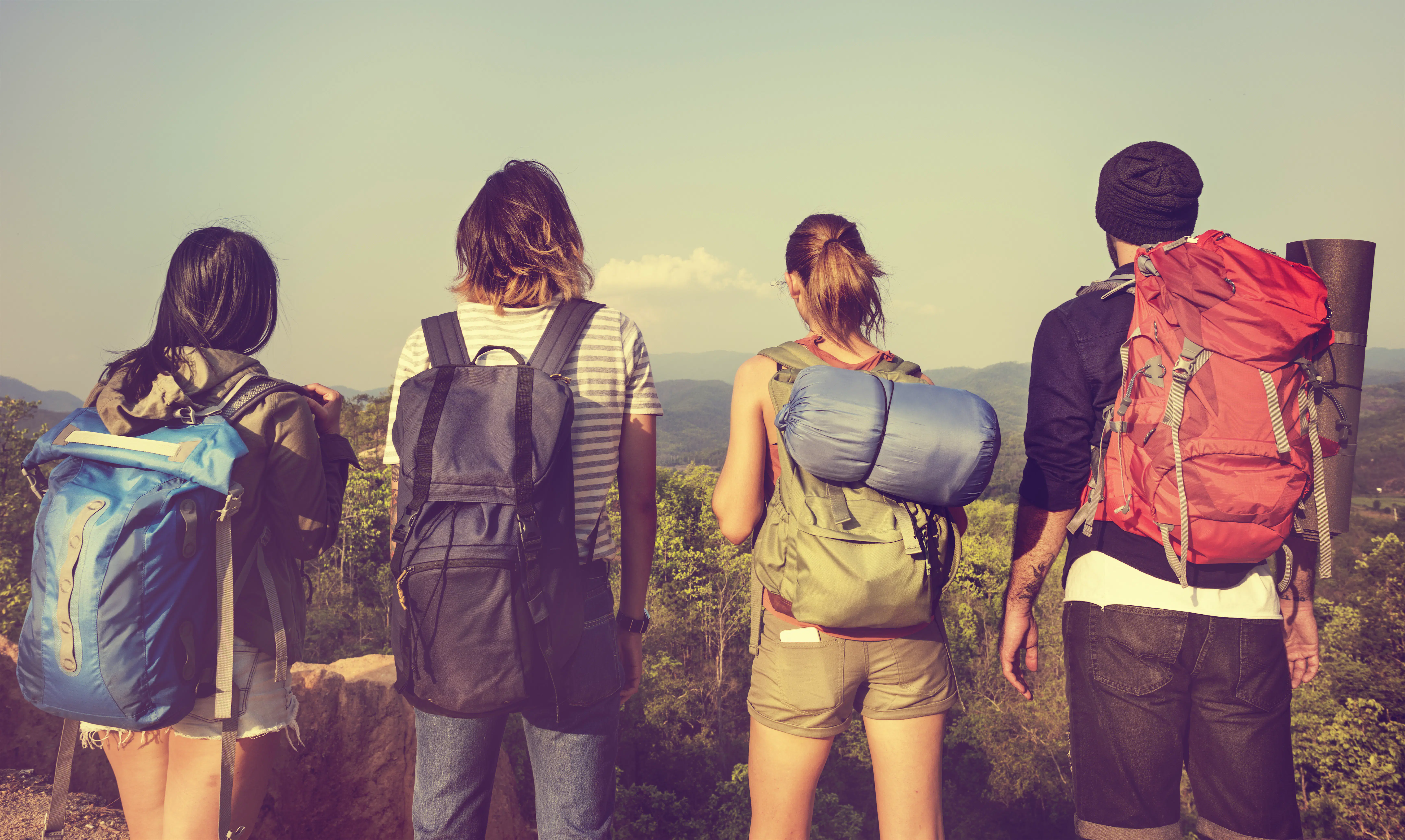 Magnetic Island, backpacking Group of young backpackers looking over rolling green hills.