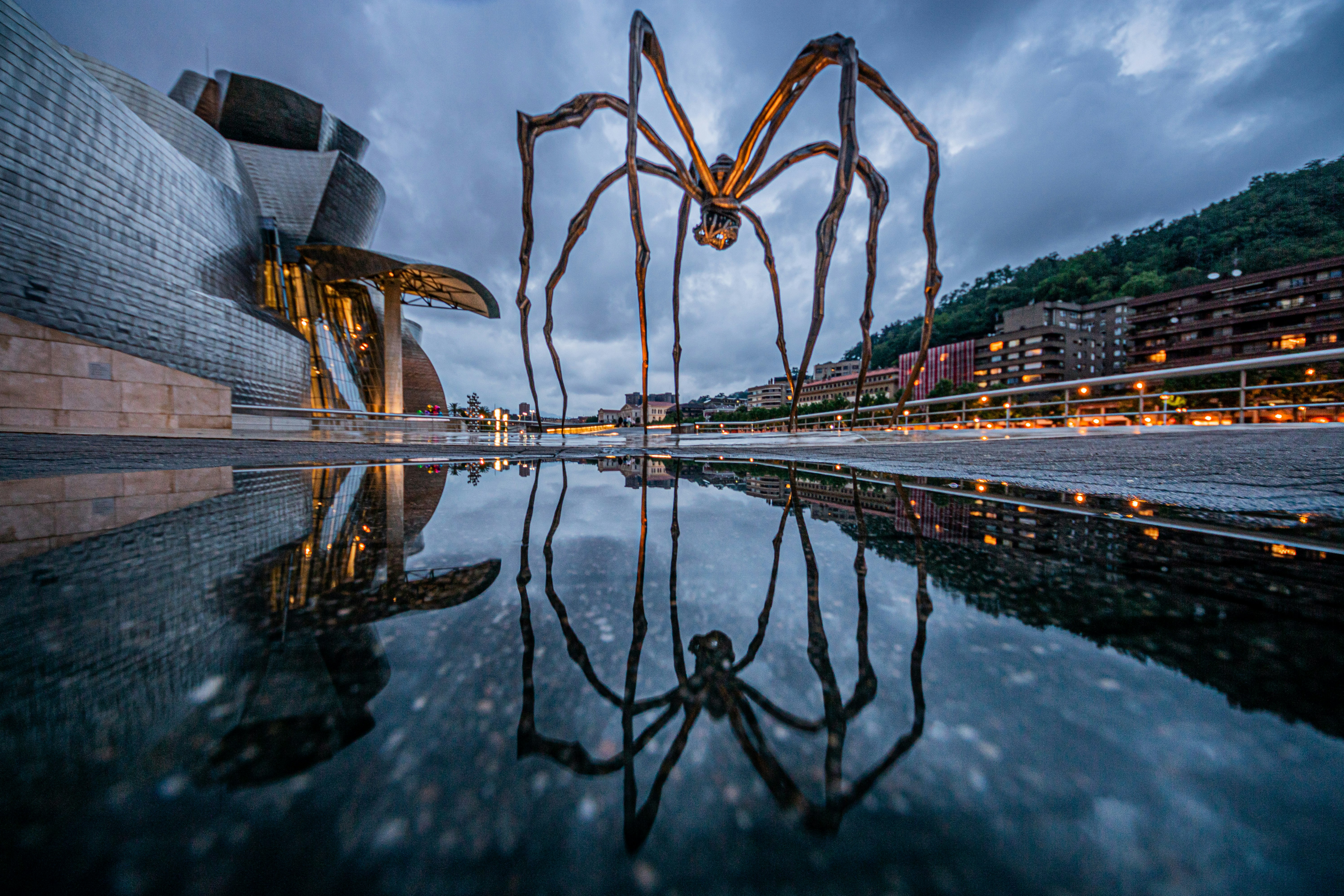 The 30-foot-tall Maman spider sculpture crawls along the river’s edge just outside the Guggenheim.