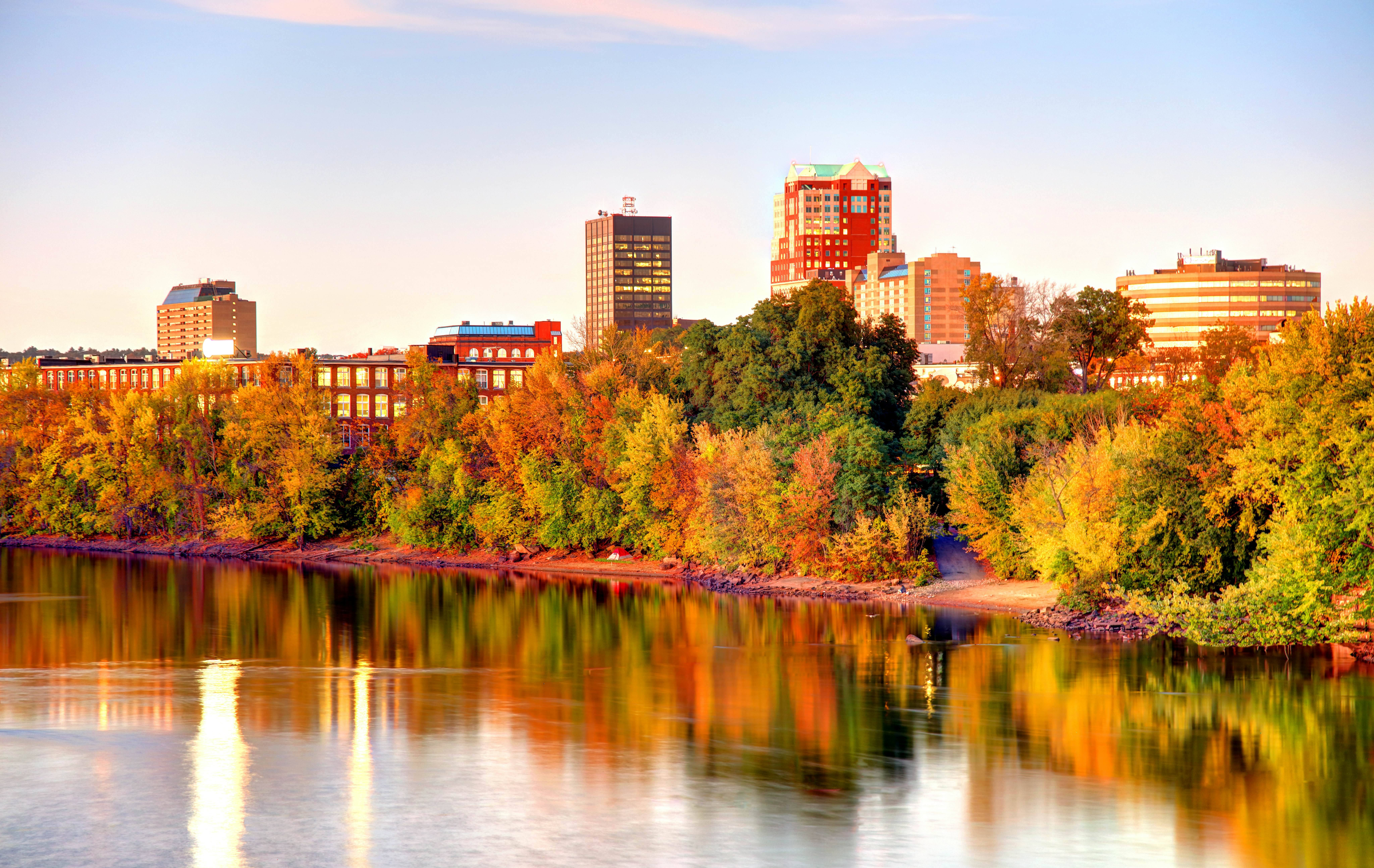A look at Manchester New Hampshire, focused on fall trees