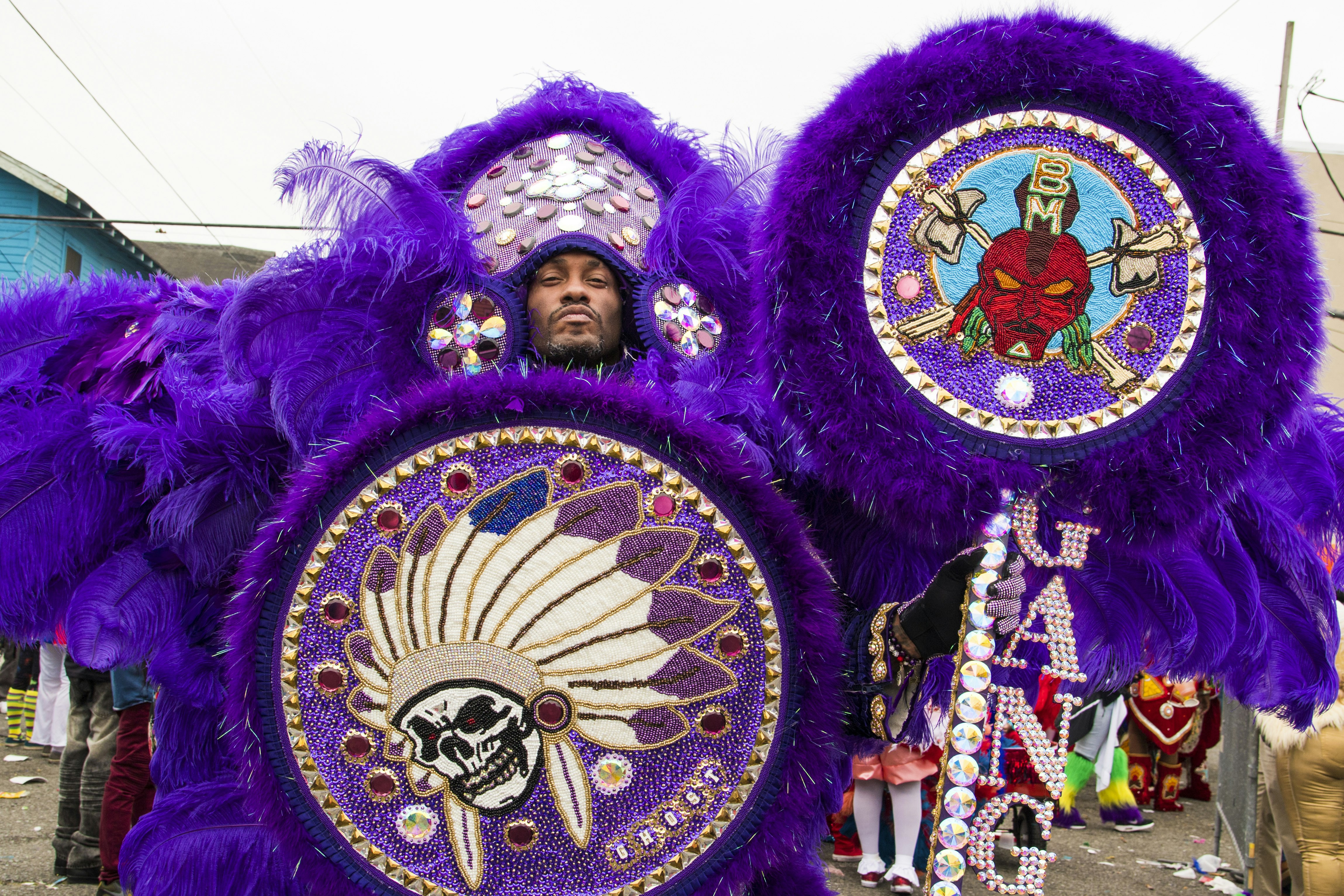 A man wearing a large, elaborate, feather Mardi Gras Indian costume. He's holding an equally elaborate walking stick
