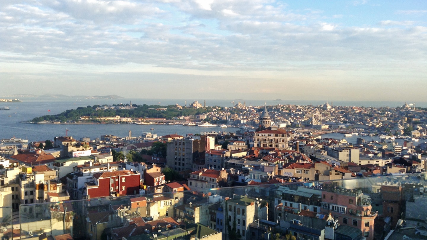Aerial shot of the sweeping views of Istanbul from the Marmara Pera hotel rooftop
