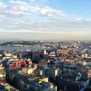 Aerial shot of the sweeping views of Istanbul from the Marmara Pera hotel rooftop