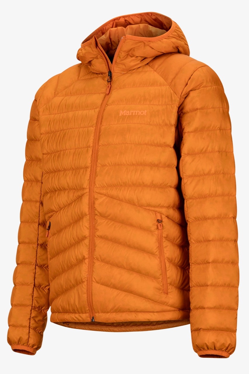 Marmot's Highlander down hoody in orange, on a white background