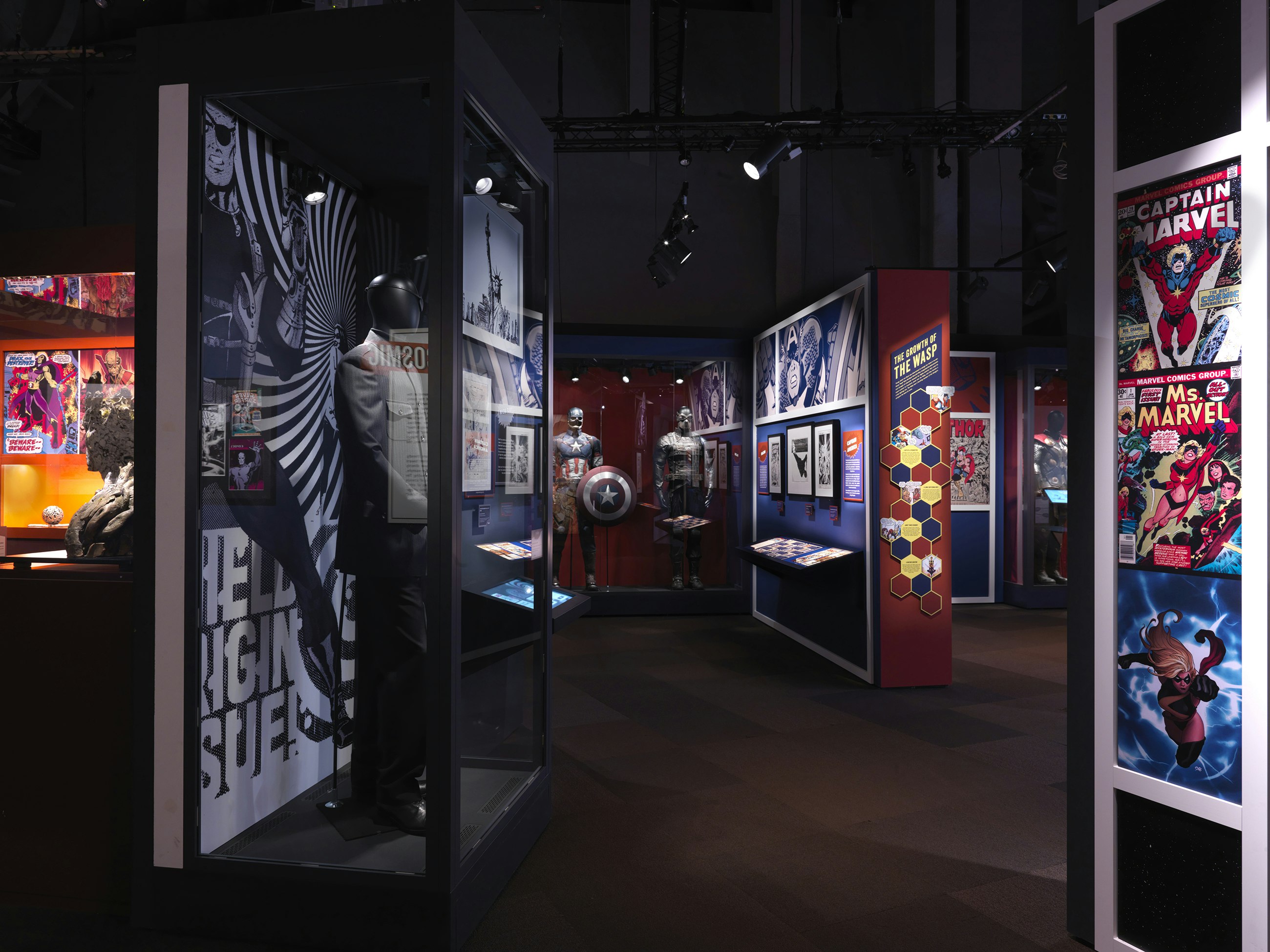 Comic books, costumes and props on display at a Marvel exhibition