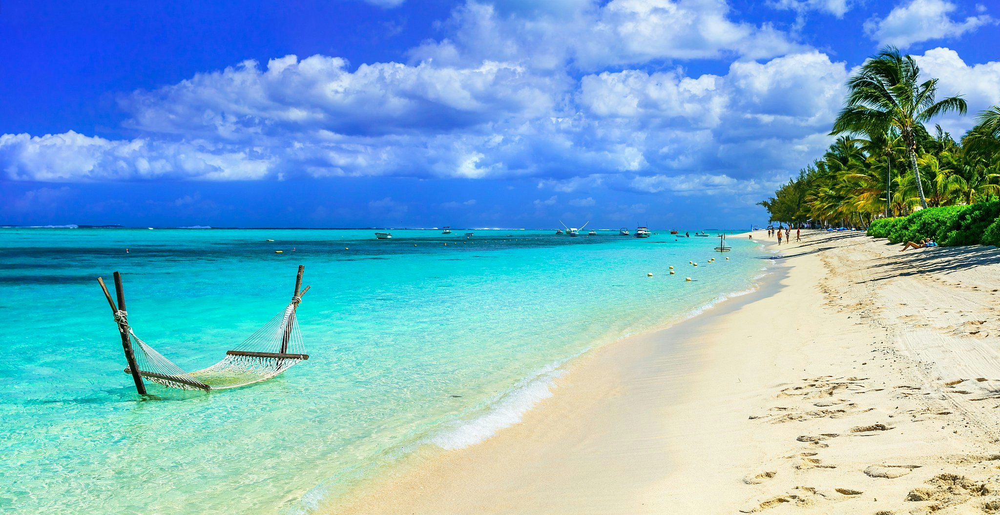 A hammock in turquoise water on a palm tree-lined Mauritius beach.