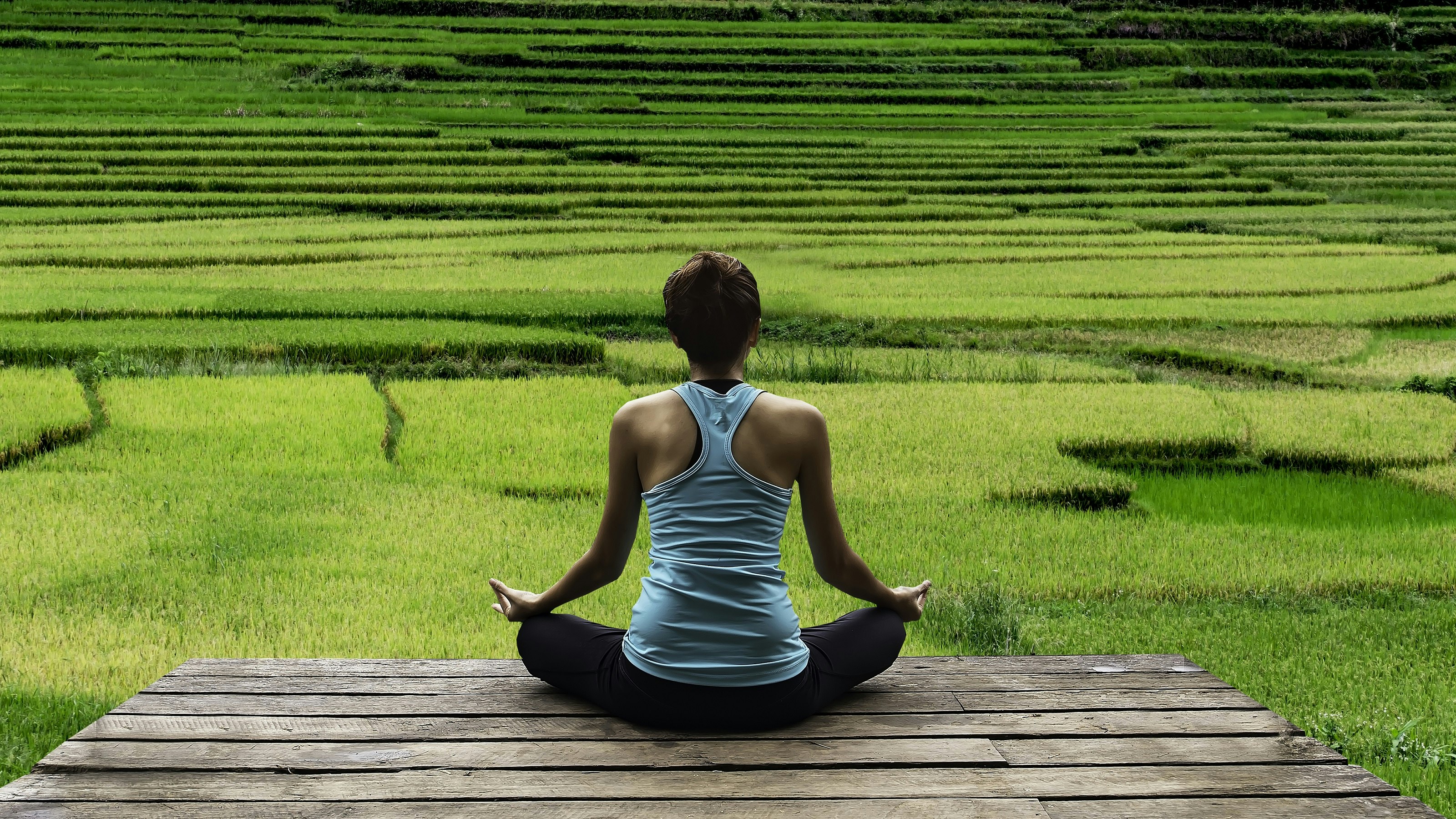 A woman, with her back to camera, sits in a meditative pose with her legs crossed in front of green rice fields in Bali.