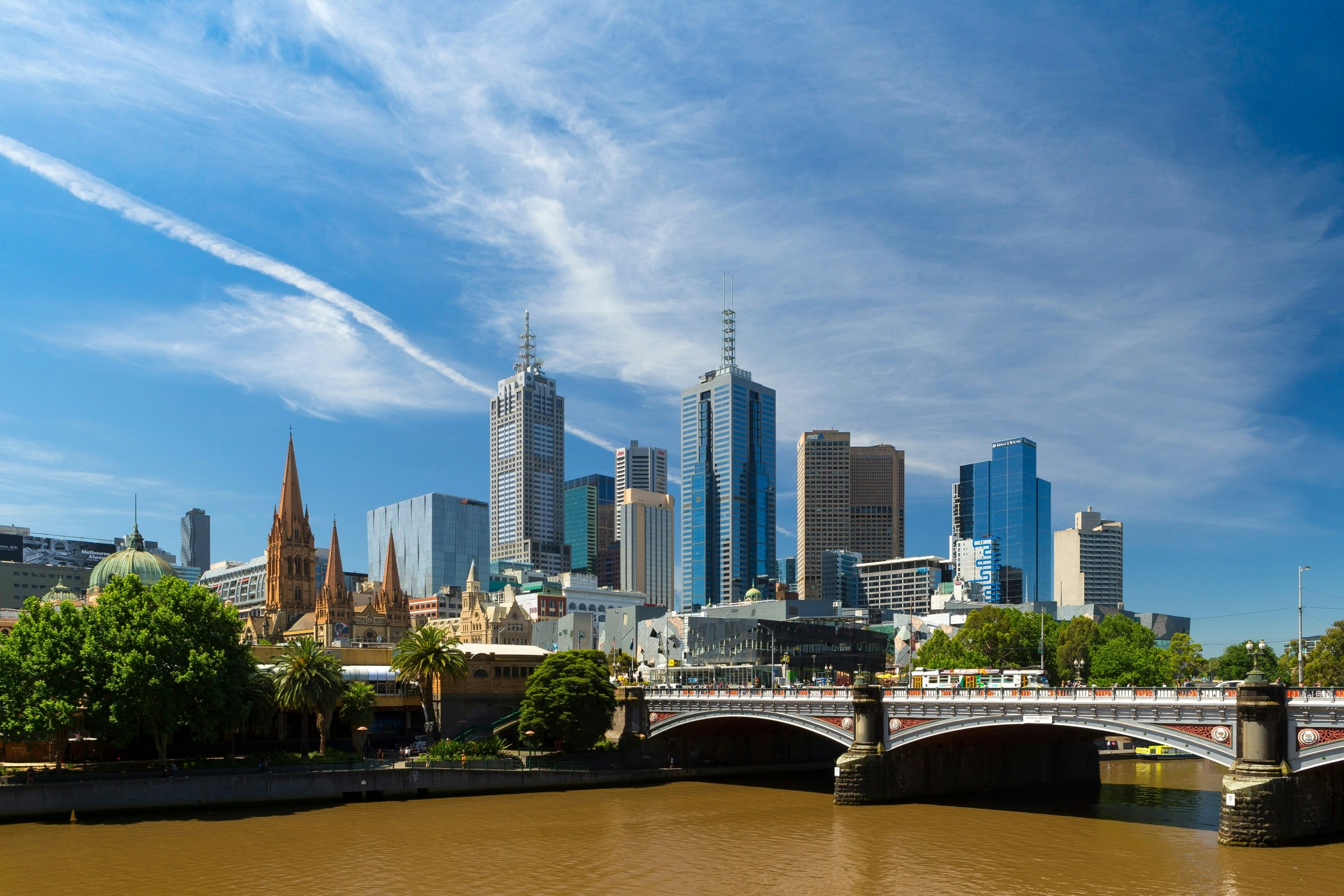 Melbourne cityscape from Southgate across the Yarra River with Princes Bridge, Flinders St Station, and Federation Square.