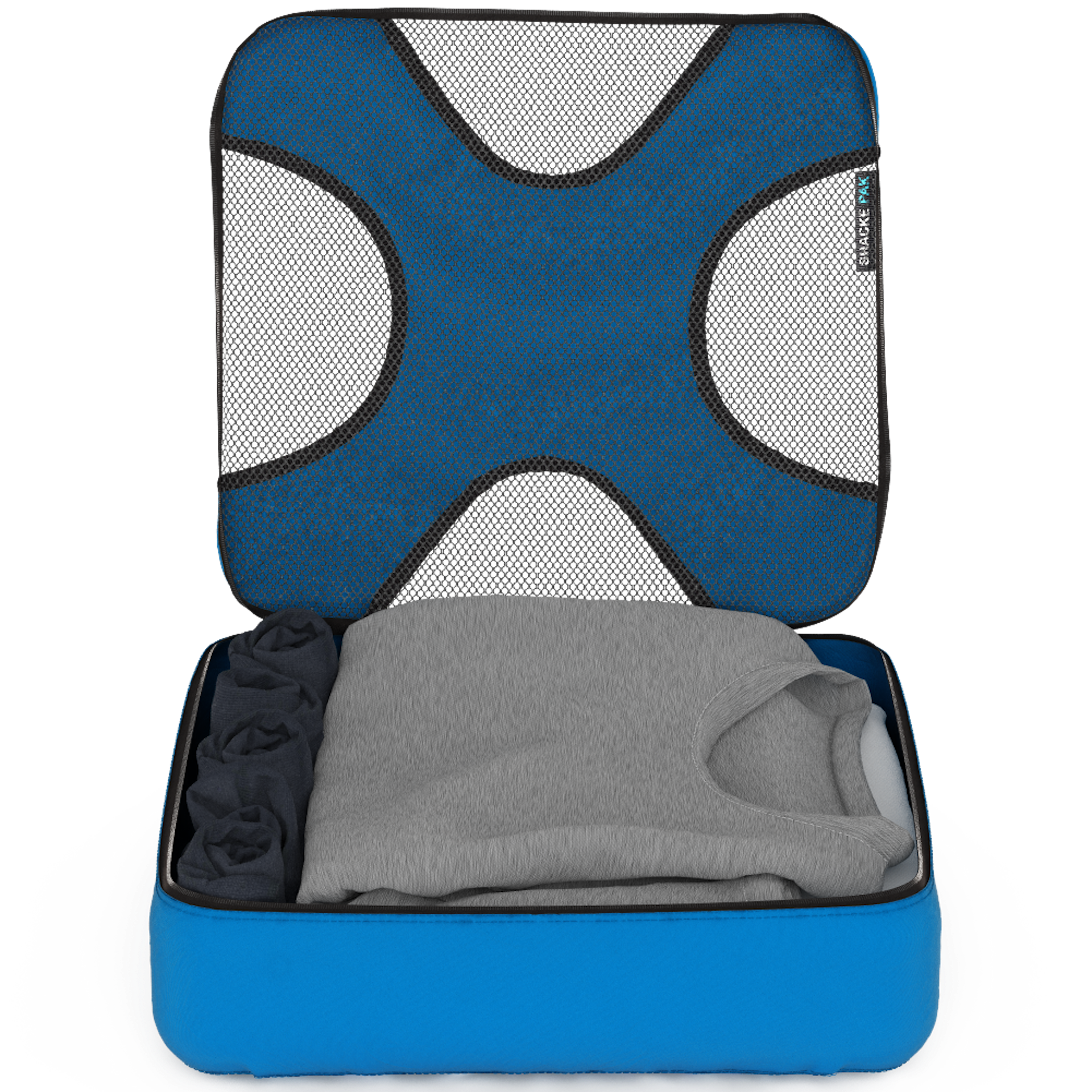 A blue packing cube is shown with its mesh lid open, distinguished by a large blue x-shaped panel. Inside are folded clothes in neutral colors, including a grey sweater.