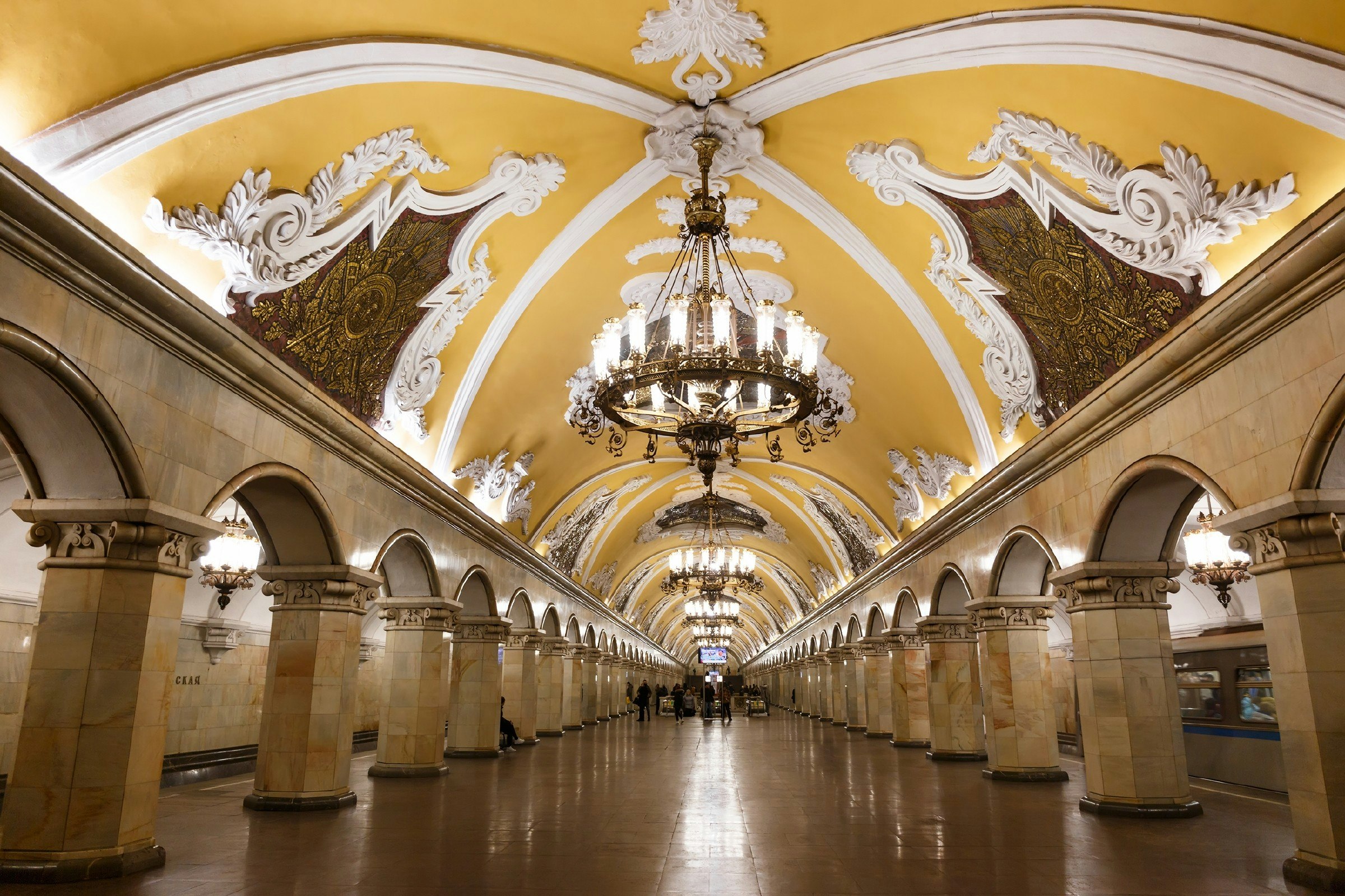 The underground hall of Komsomolskaya metro in Moscow 