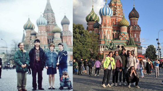 Mevan and her family in Moscow during their original journey, next to an image from the recent trip.png