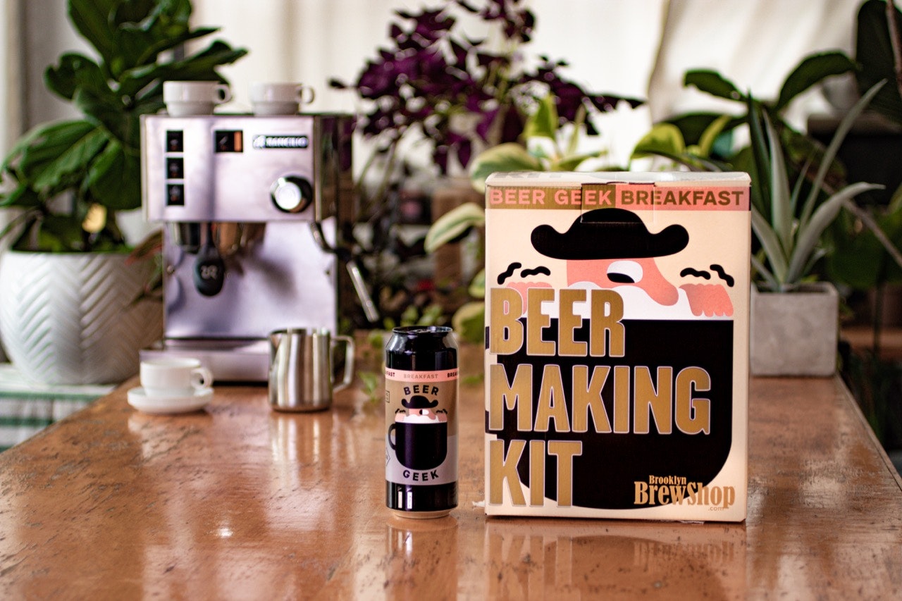 Mikkeller Beer Geek Breakfast Stout kit on a bar with an espresso machine in the background