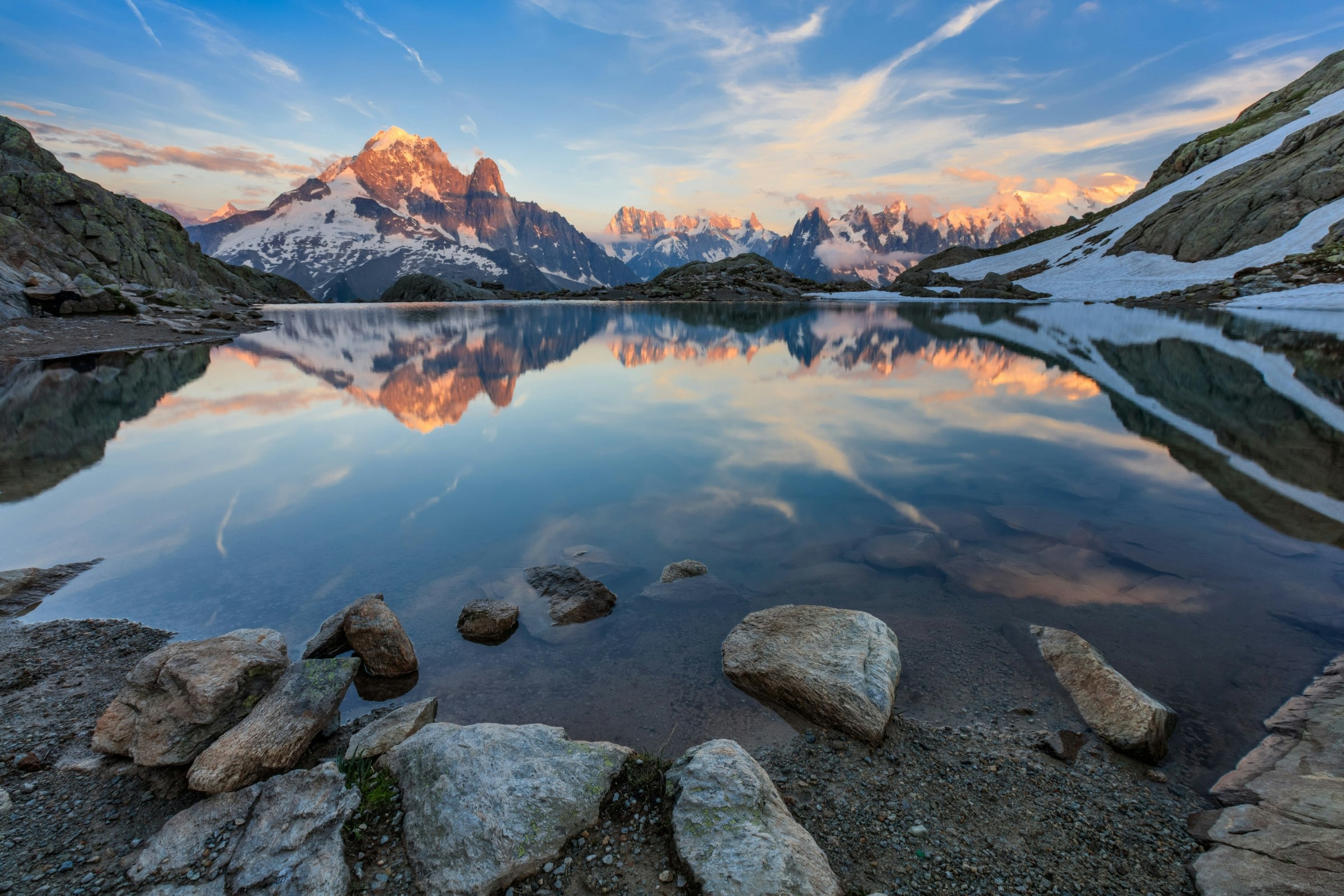 Mont Blanc Massif reflected in Lac Blanc, Graian Alps, France 