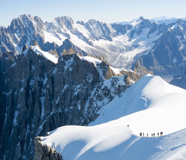 Mountaineers on Mont Blanc traversing a snowy ridge. 