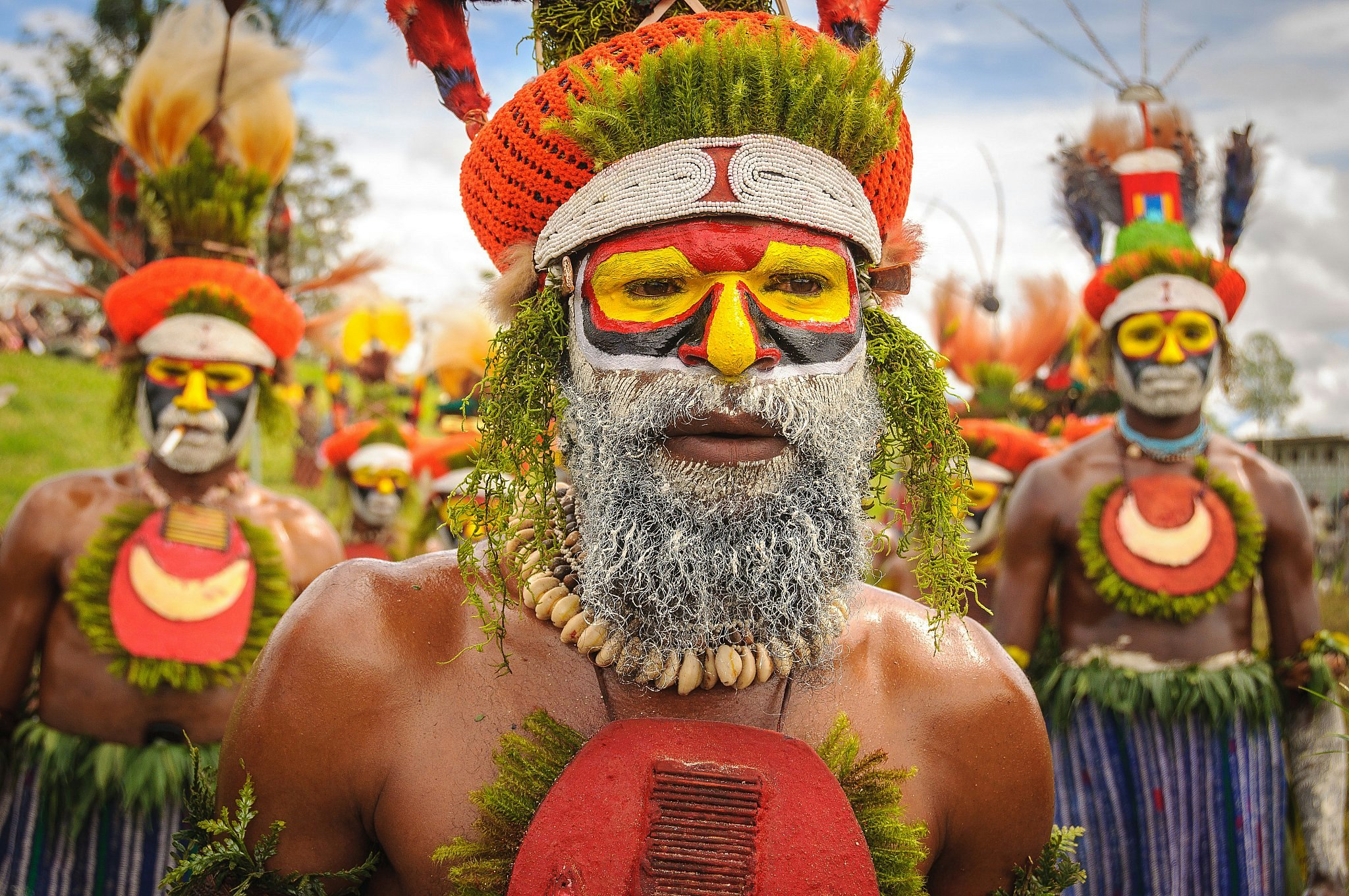 Tribesmen in traditional dress at a Mt Hagen sing-sing in Papua New Guinea.